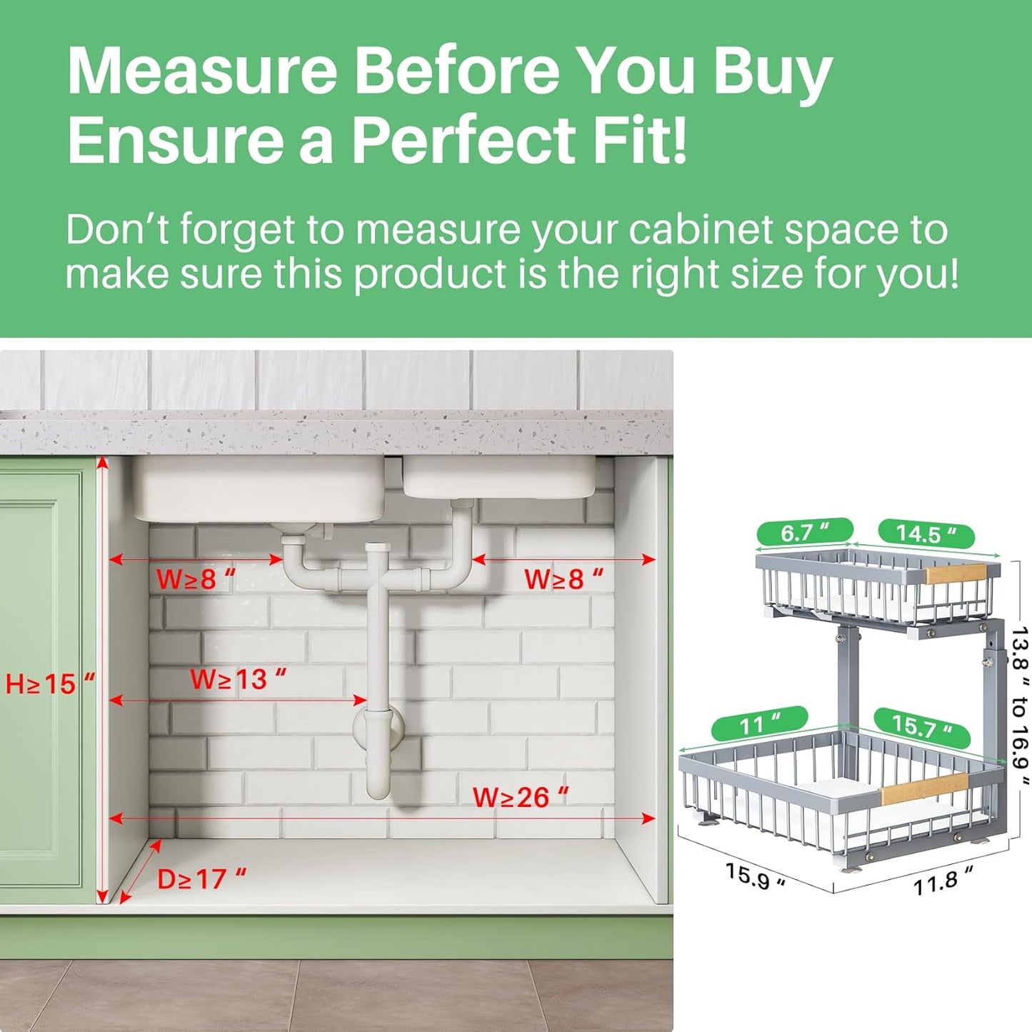 Under Sink Organizer, 2 Packs 2 Tier Under Sink Organizers and Storage, Slide out Pull out Cabinet Organizer Shelf, Metal Sliding Drawer for Kitchen Bathroom Pantry Closet Rack(Grey)