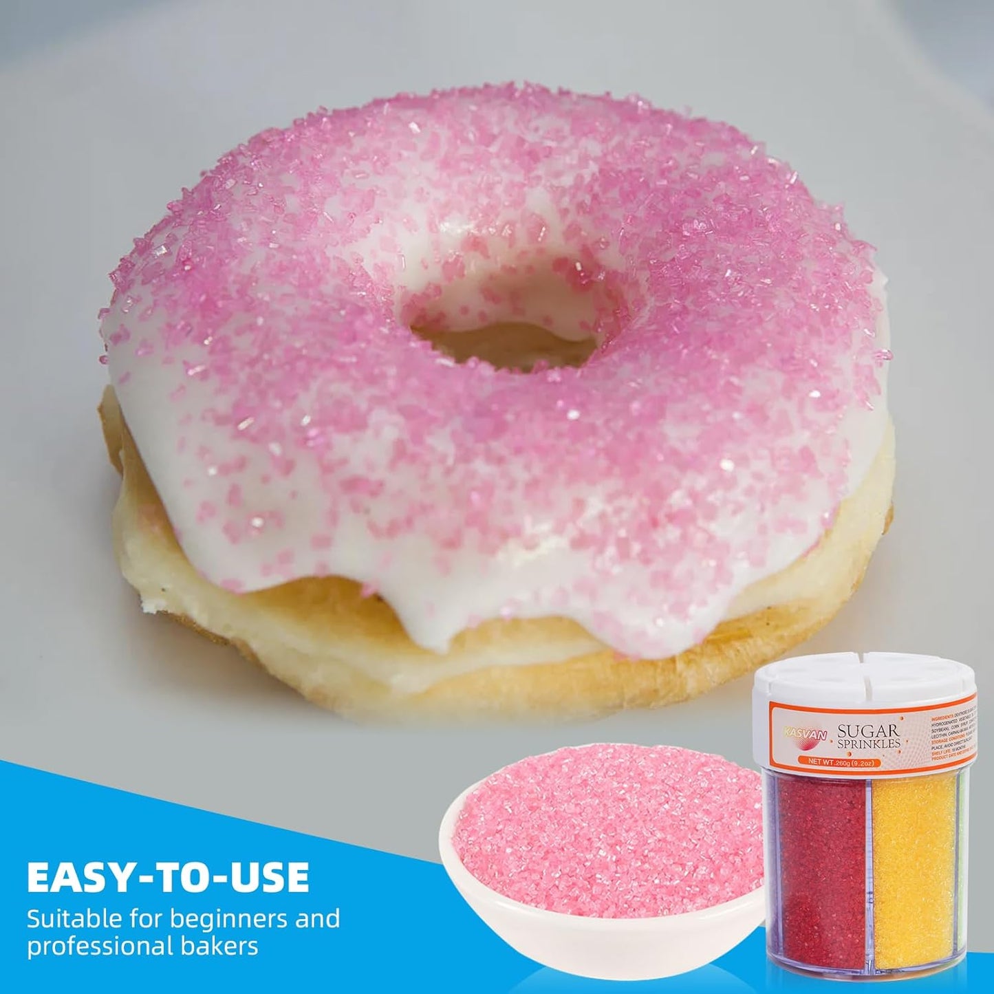 KASVAN Edible Sanding Sugar Sprinkles, 9.2oz Rainbow Sugar Sprinkles, 6 Colors Pink Blue Purple Yellow Green Red, Sparkling Crystals for Cake, Cupcakes, Cookies & Desserts