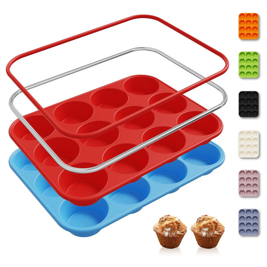 2 Pack 12 Cups Silicone Muffin Pan with Metal Reinforced Frame Regular Size Silicone Molds Cupcake Cake Baking Pans Cookie Baking Chocoflan Cupcake Mold Muffin Tray Dishwasher Safe BPA Free