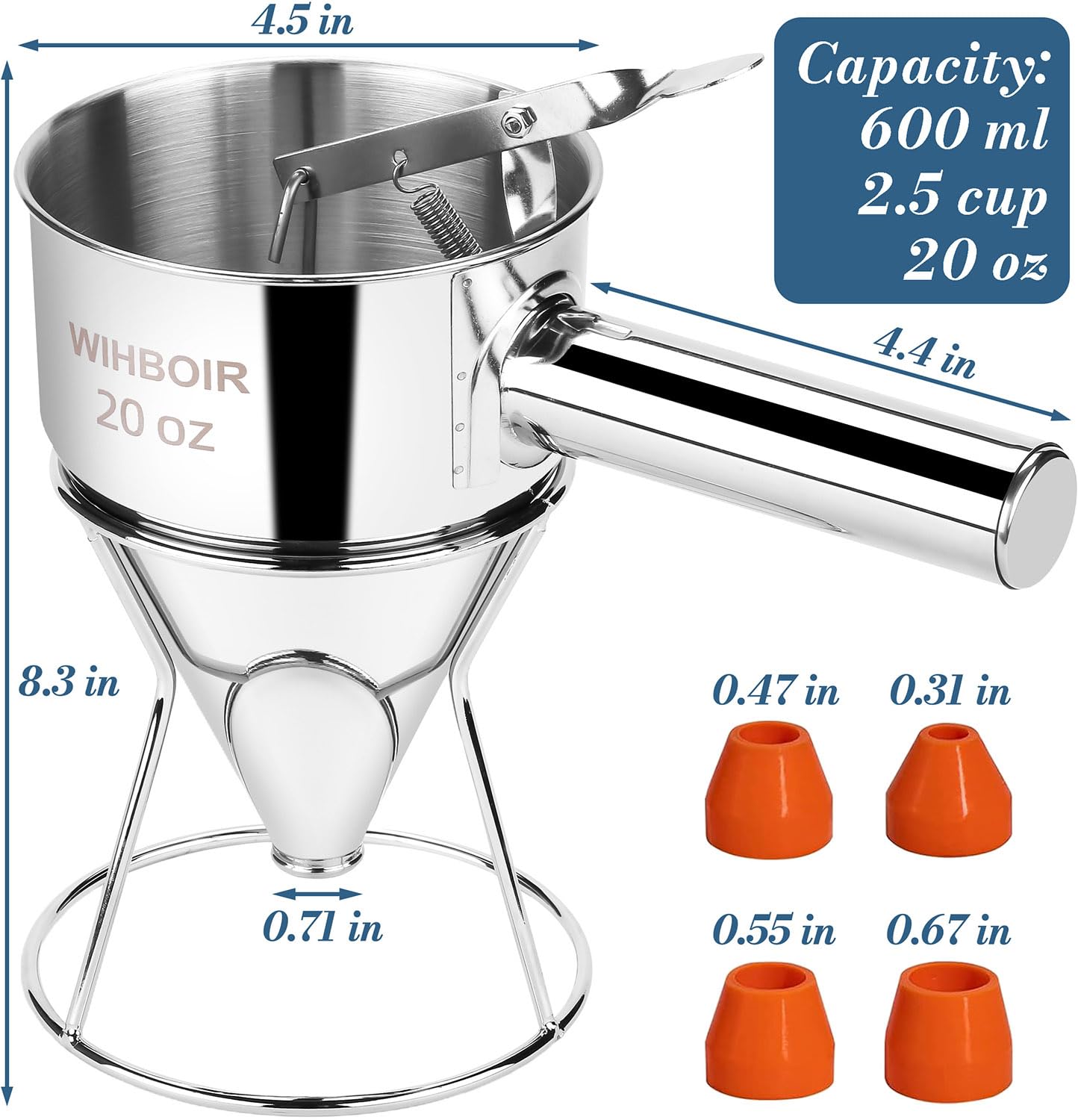 Stainless Steel Pancake Batter Dispenser with Squeeze Handle and Multi-Nozzle, for Pancakes, Cupcakes, and Baked Goods. 20 oz