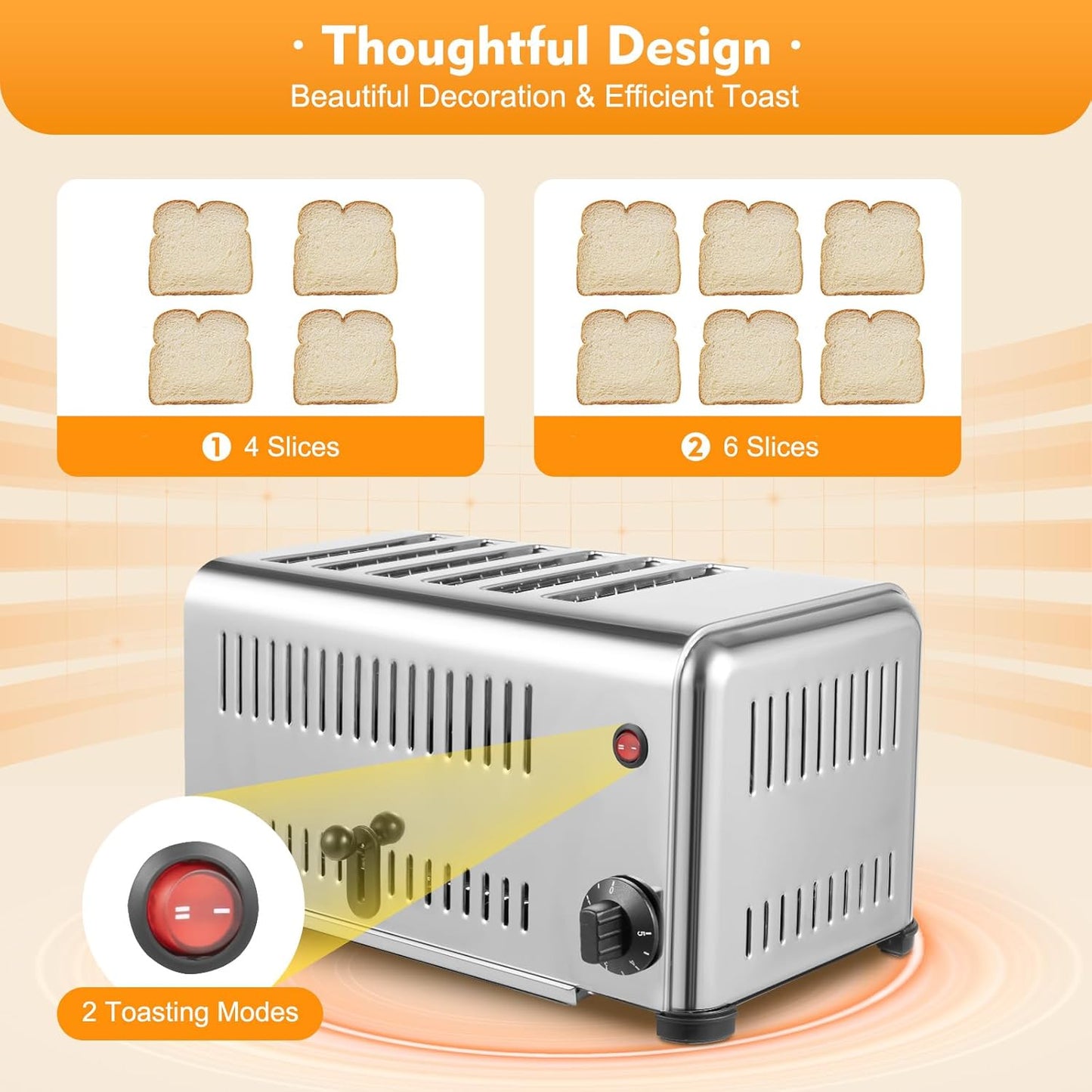 6 Slice Toaster with Wide Slots Commercial Toasters for Restaurant Bread Baking Machine 1680W Stainless Steel Toaster Countertop for Toast, Sandwiches, Meatloaf