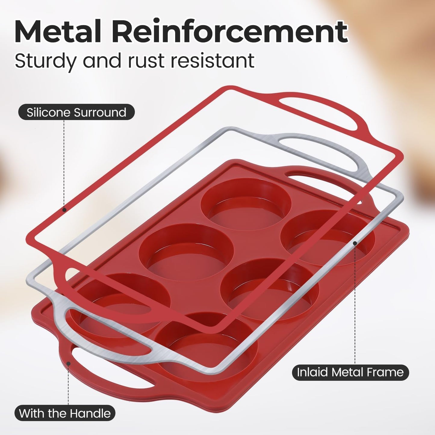 Muffin Top Pan, Metal Reinforced Frame 3 Inch Silicone Egg Molds for Breakfast Sandwiches Non Stick Round Silicone Egg Pan for Baking English Muffins, Whoopie Pies, Corn Bread, Tarts 2 Pack Brown