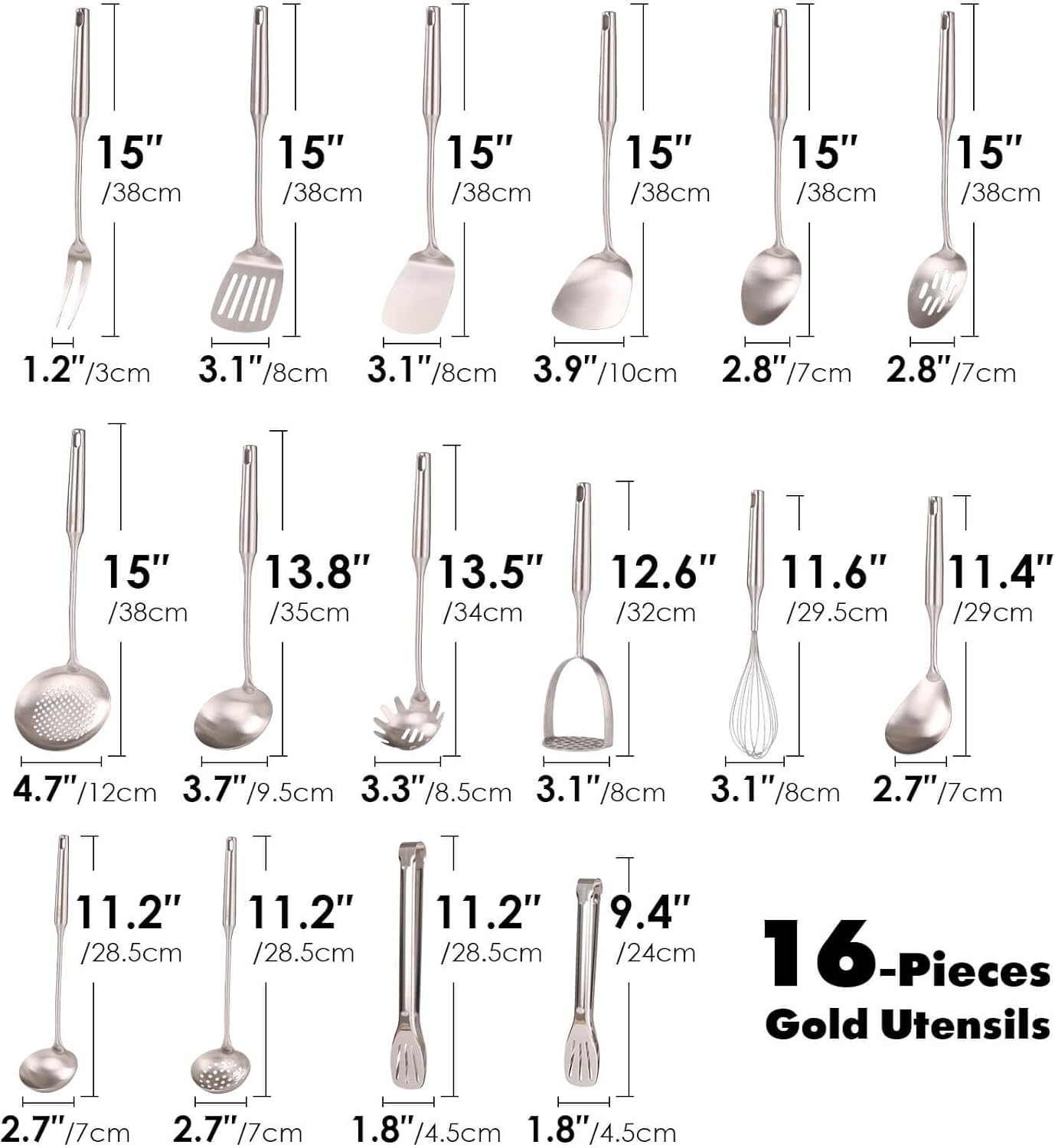 18/10 Stainless Steel Cooking Utensils Set - 16 PCS All Metal Kitchen Tools, Serving Utensils - Whisk, Masher, Fork, Tongs, Solid/Slotted Spoon, Spatula, Turner, Ladle, Skimmer, Pasta, Large Spoon Set