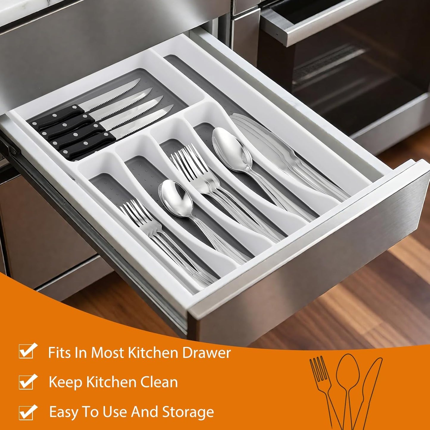 49 Piece Silverware Set with Organizer - Stainless Steel Cutlery Set for 8, kitchen Utensil Flatware with Steak Knives, Spoons and Forks, Dishwasher Safe, Rust-proof & Mirror Polished