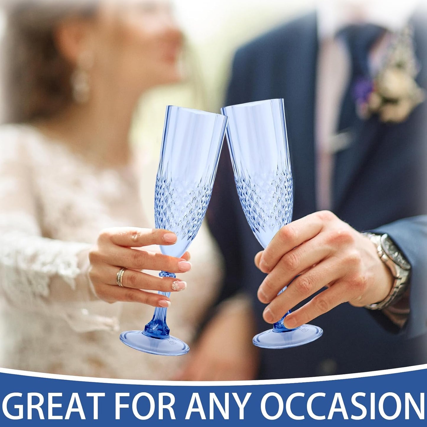 Plastic Champagne Flutes, 24PCS Blue Plastic Wine Glasses Goblets Reusable Champagne Flute for Weddings, Bachelor Parties, Toasting, and Events (24, Blue)