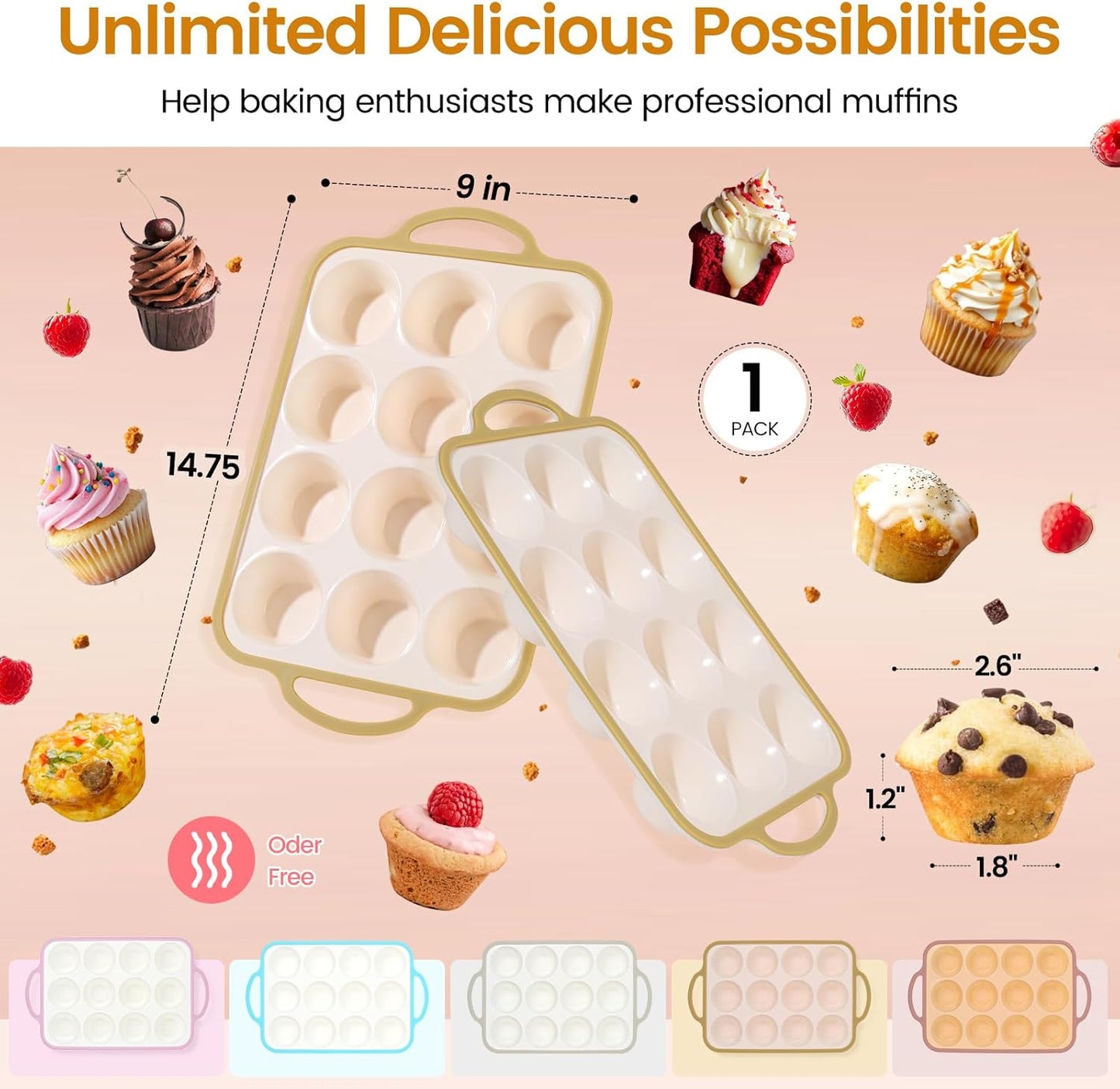 Silicone Muffin Pans for Baking 1 Pack, 2.6 Inch with Metal Reinforced Frame, Regular Size Nonstick Cupcake Pan 12 Cups for Baking Homemade Muffins, Dishwasher Safe BPA Free-Light Yellow