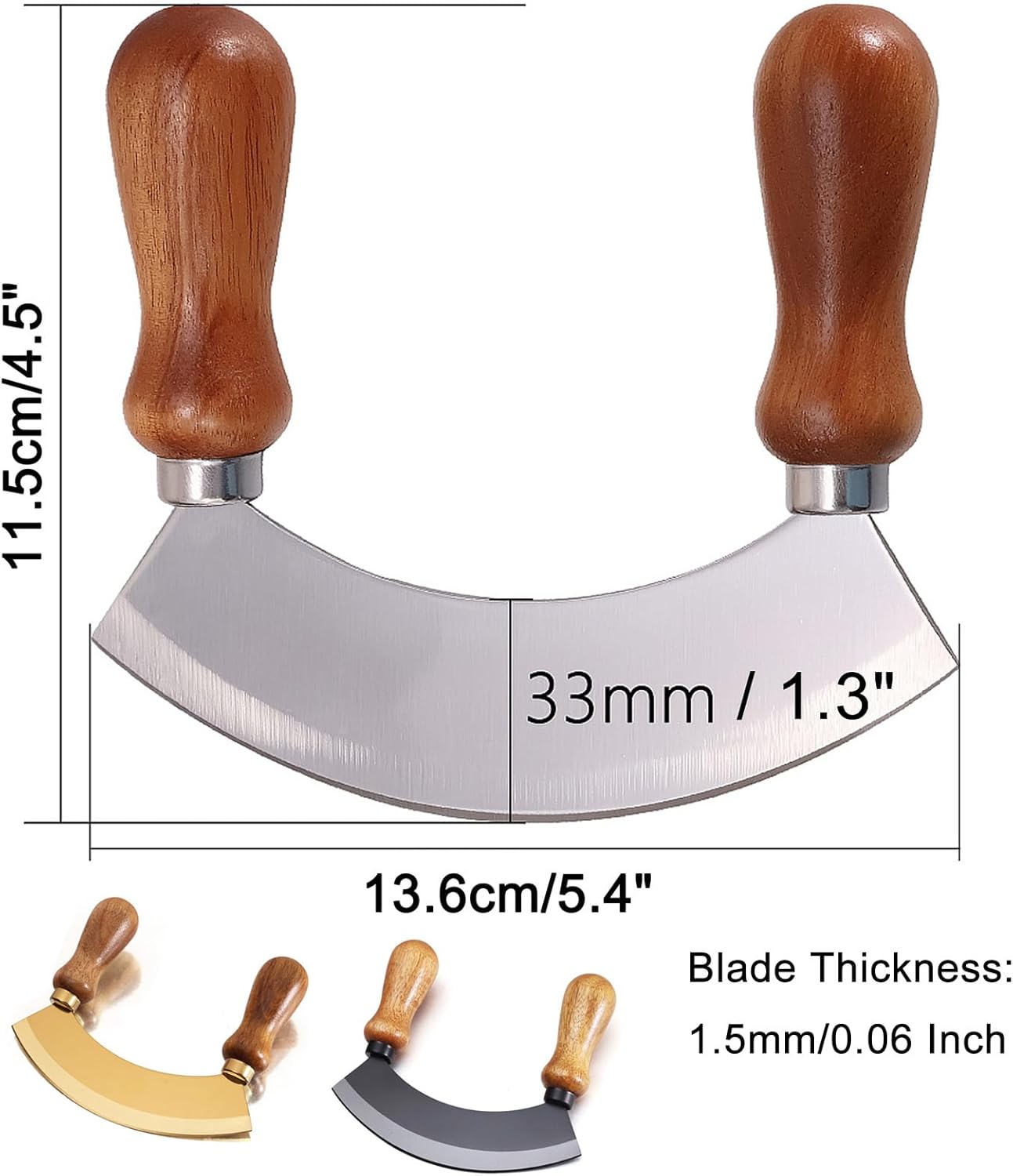 5.4 Inch Stainless Steel Mezzaluna Knife - Salad Chopper Rocker Pizza Cutter Rocker Knife Curved Blade Sharp Blade Double Acacia Wood Handle Fruit Vegetable Mincing (5.4 Inch Gold)