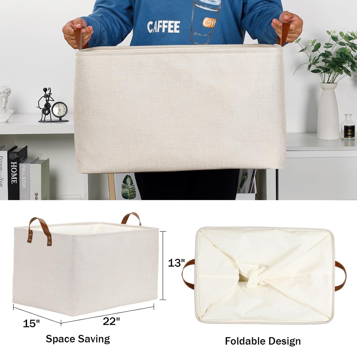 DULLEMELO Beige Storage Baskets for Organizing, Set of 2 Extra Large Canvas Fabric Storage Baskets with Handles, Foldable Storage Bins Baskets for Blankets Living Room