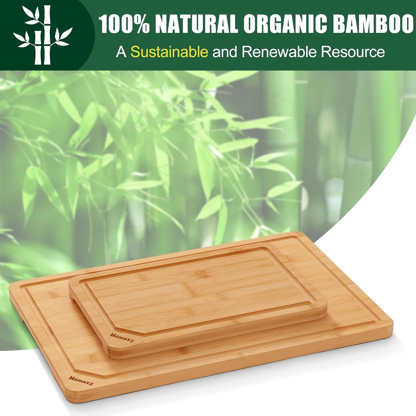 Homaxy Organic Bamboo Cutting Boards Set for Kitchen Set of 2, Wooden Cutting Board Set with Juice Groove and Handles, Charcuterie Serving Tray Wood Chopping Board Set for Meat Fruits & Vegetables