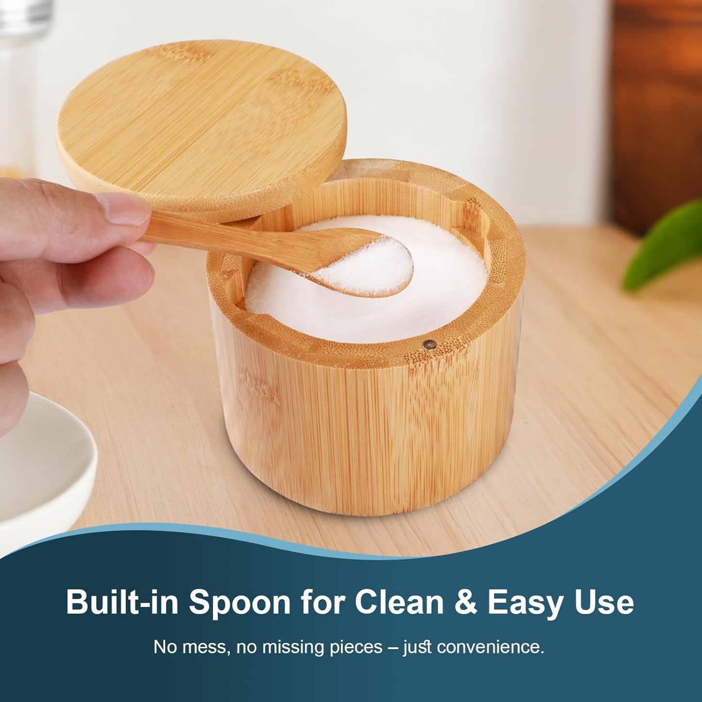Bamboo Salt Cellar, 2 PCS Salt Container with Built-in Spoon, Salt Box Bowl with Magnetic Swivel Lid, Elegant Kitchen Salt Holder Saver Jar to Storage Pepper Spice Sea Salt for Countertop