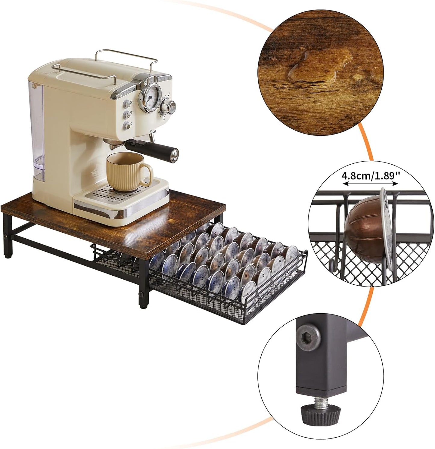 IBUYKE Coffee Pod Drawer Holder,40 Capsule Pods,Compatible for Nespresso Vertuo Pods,Wooden Top and Mesh Shelves,Home Kitchen Counter Coffee Bar Organizer, Rustic Brown,TCJ101H