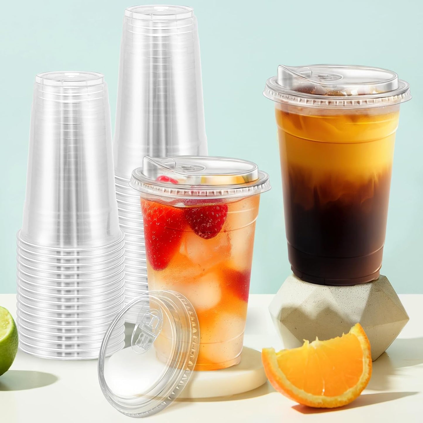 100 Pack 20 oz Clear Plastic Cups with Lids, Disposable Iced Coffee Cups with Sip Lids, Sturdy Plastic Smoothie Cups for Cold Drinks