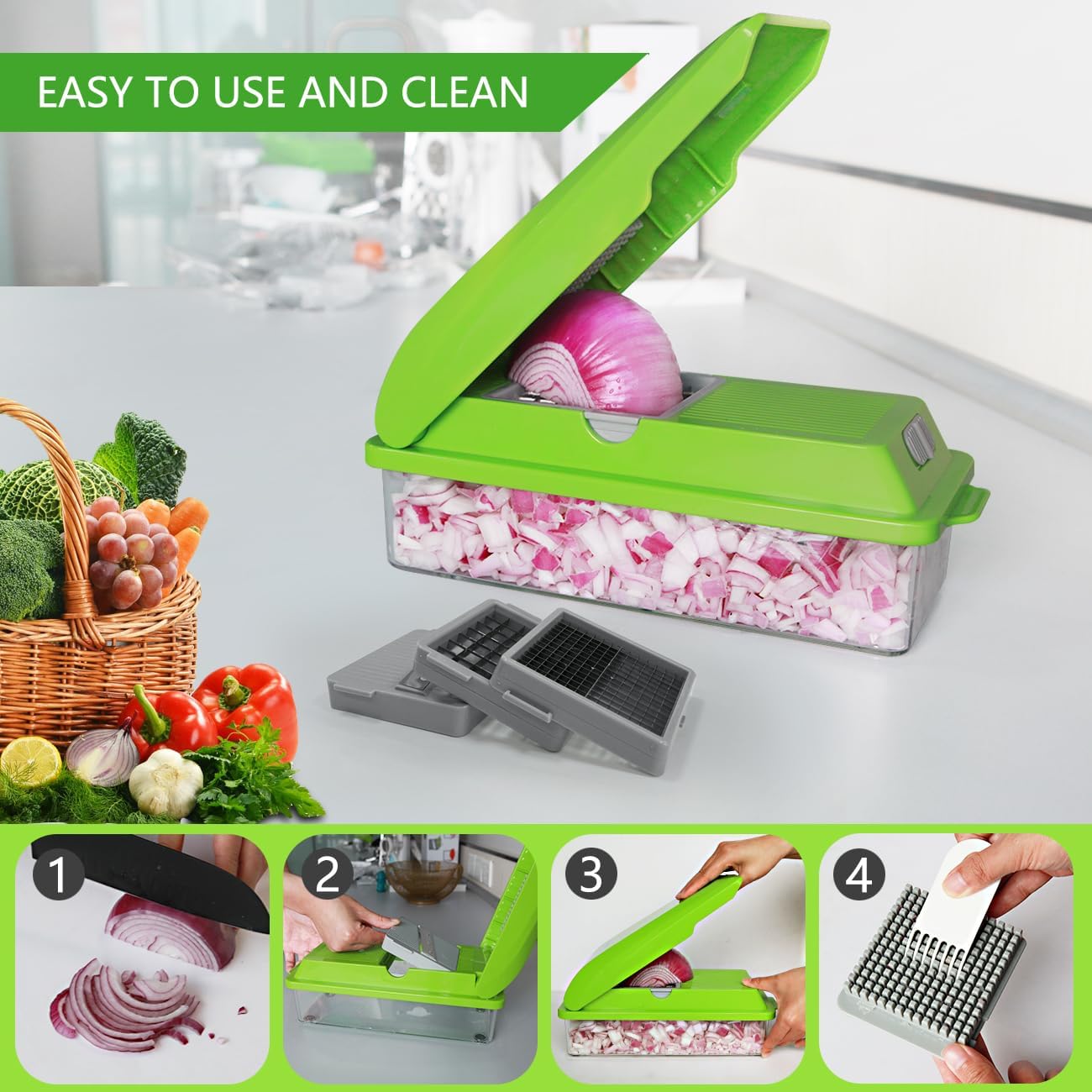 LHS Multifunctional Vegetables Chopper with Container, Manual Processor Cutter, Pro Onion Cutter, Vegetable Slicer Dicer Cutter with 3 Blades, Veggie Salp Chopper(6-in-1,Green)