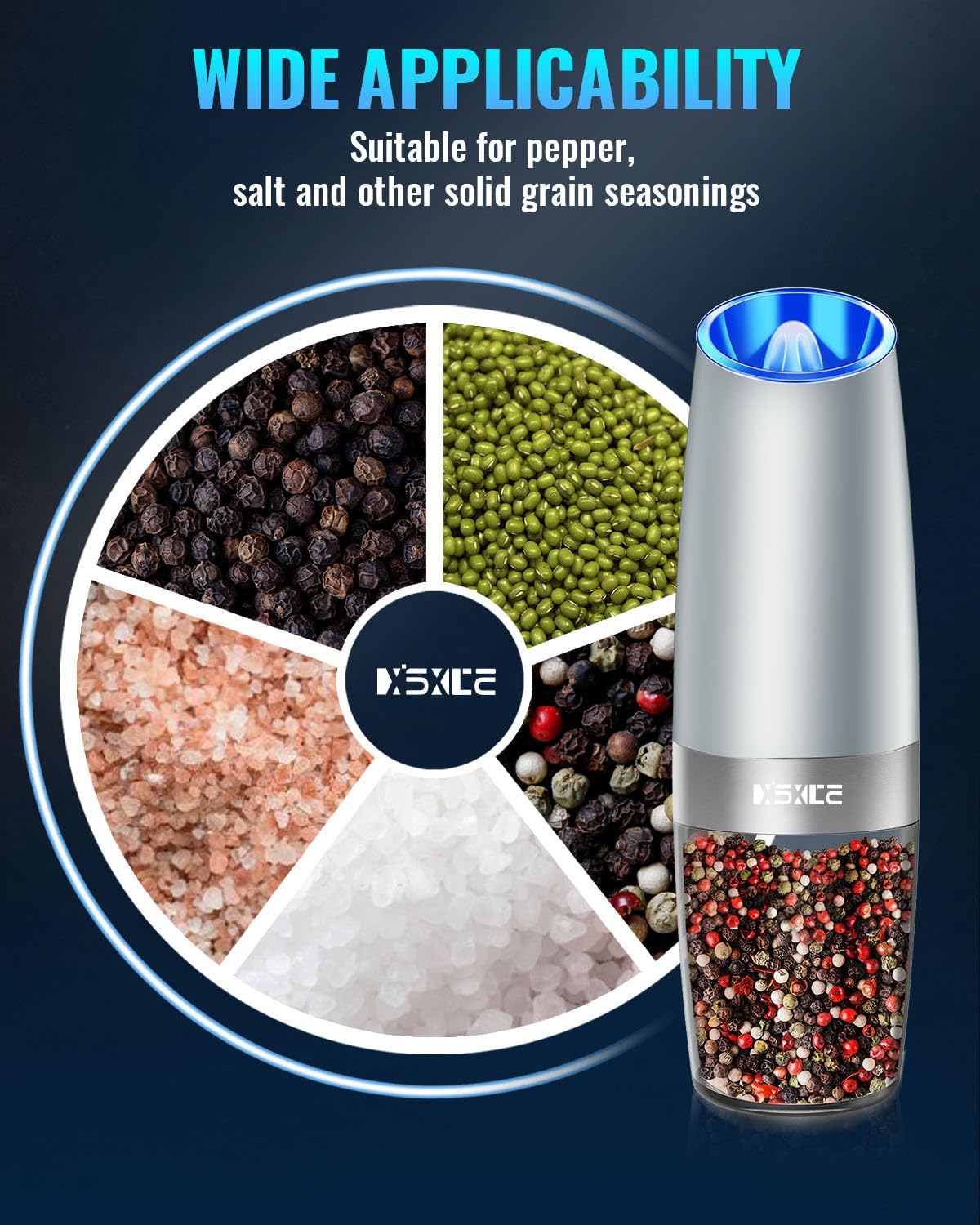 XinXu Gravity Electric Pepper and Salt Grinder Set, Adjustable Coarseness, Battery Powered with LED Light, One Hand Automatic Operation -Light Grey/2 Pack