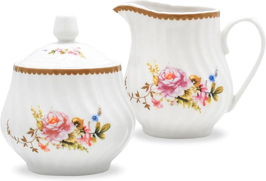 Sugar and Creamer Set - Porcelain Sugar and Creamer Floral Vintage Tea Set with Elegant Embossed Swirls - Exquisite Fine China Tea Set for Parties & Celebrations - Timeless Rose Set by Lynns