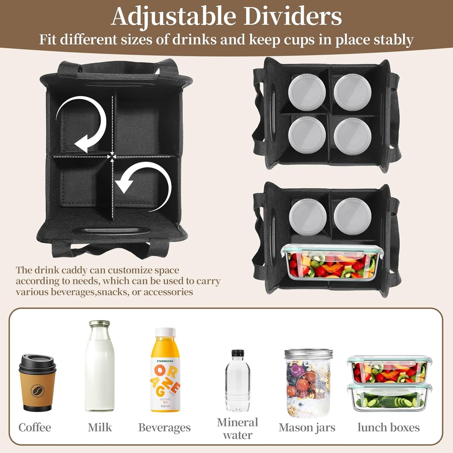 2 Pack Drink Carrier with Handle, Reusable 4 Cup Carriers for Drinks, Portable Foldable Insulated Coffee Cup Drink Holder for Delivery and Caddy