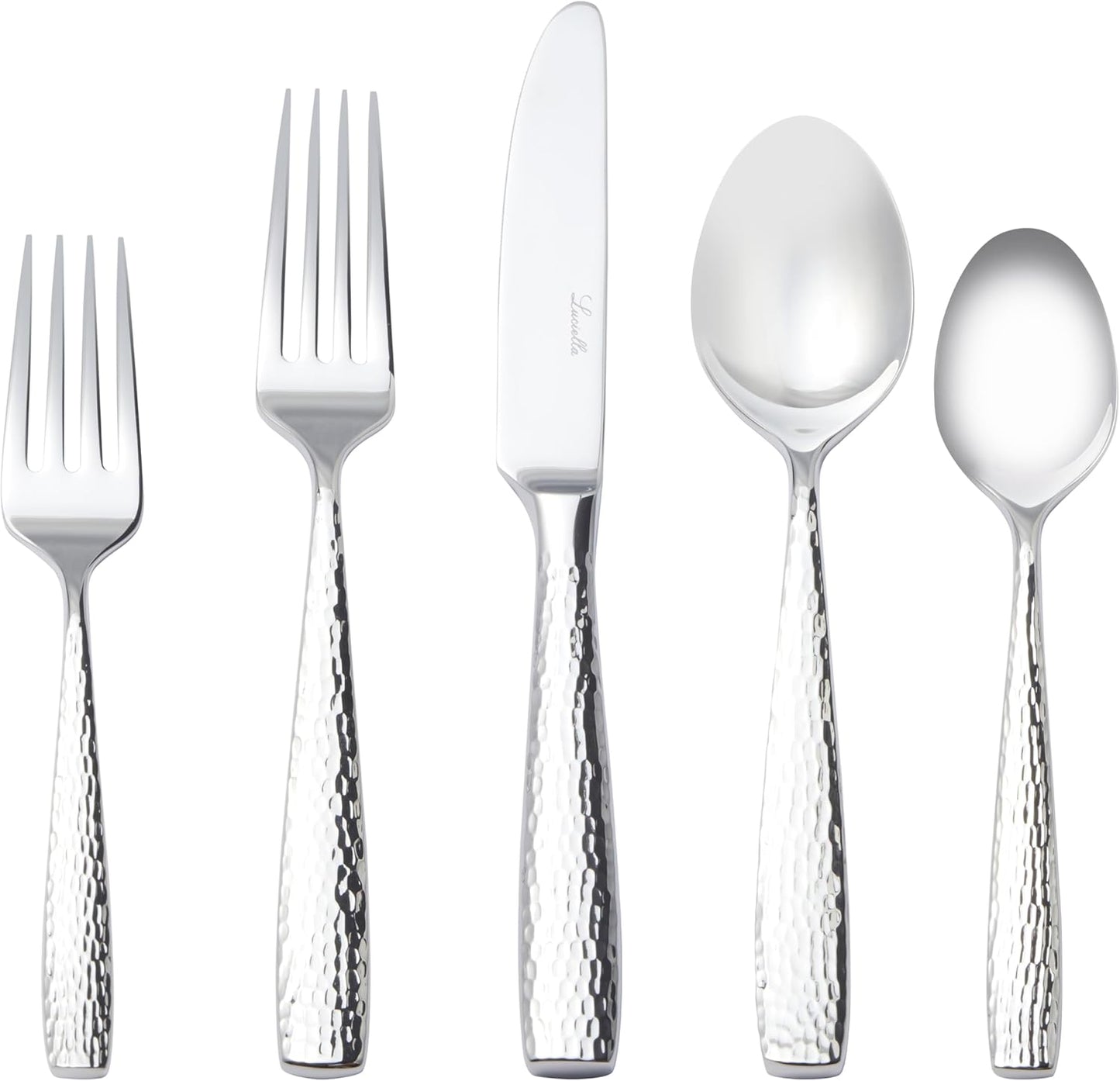 Luciella Ponza Flatware Set for 8, 45-Piece Stainless Steel Silverware Set with Serving Utensils, Timeless Hammered Design, Rust-Resistant, Mirror Polished & Dishwasher Safe
