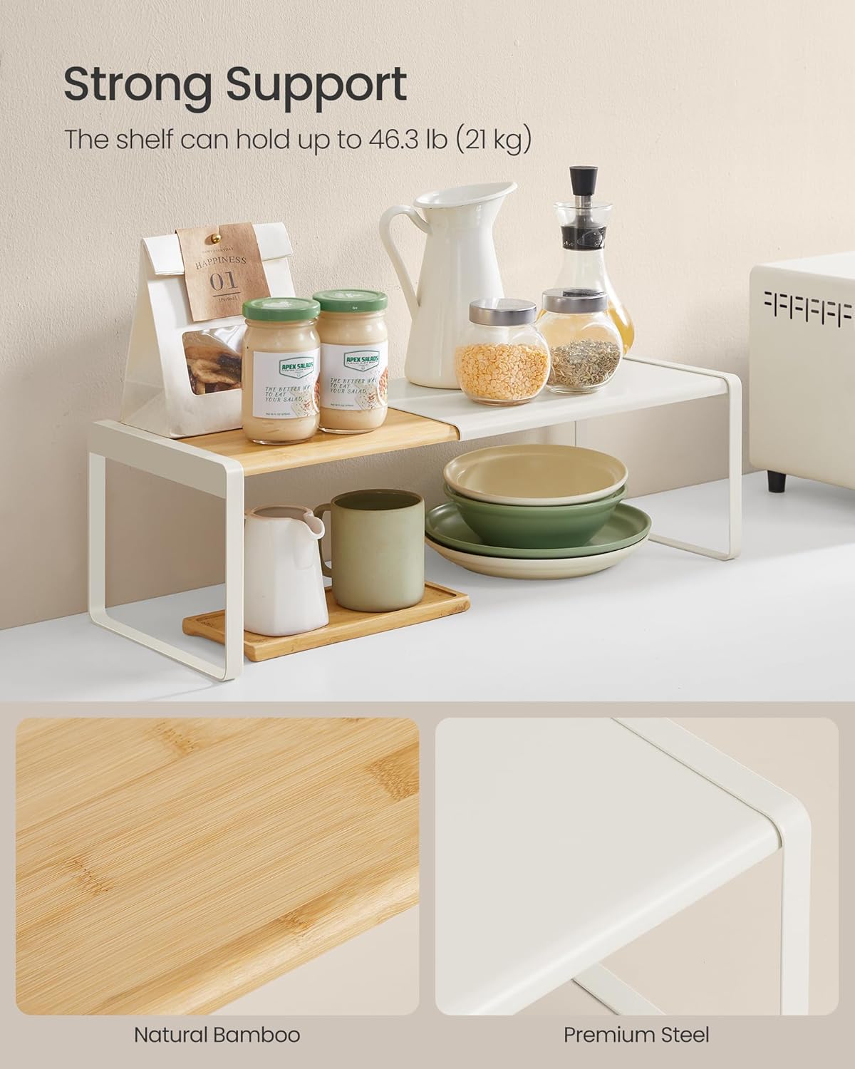 SONGMICS HOME Spice Rack, Expandable Cupboard Shelf Orgnizer, Kitchen Counter Shelf, Bamboo and Metal, Space-Saving Shelving, Stackable, Light Bamboo and Cream White UKCS052W01