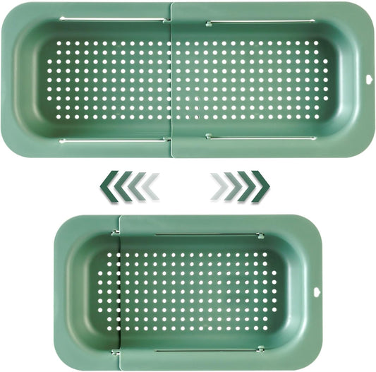 Extendable Sink Colander Strainer Basket - Wash Vegetables and Fruits, Drain Cooked Pasta and Dry Dishes - Adjustable Over the Sink Colander Collapsible Drainer Basket - Green