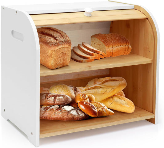 Bread Box for Kitchen Countertop, Double Layer Bamboo Bread Storage Container for Homemade Bread, Roll Top Bread Box with 3 Adjustable Height for Kitchen Counter, White Breadbox Organizer