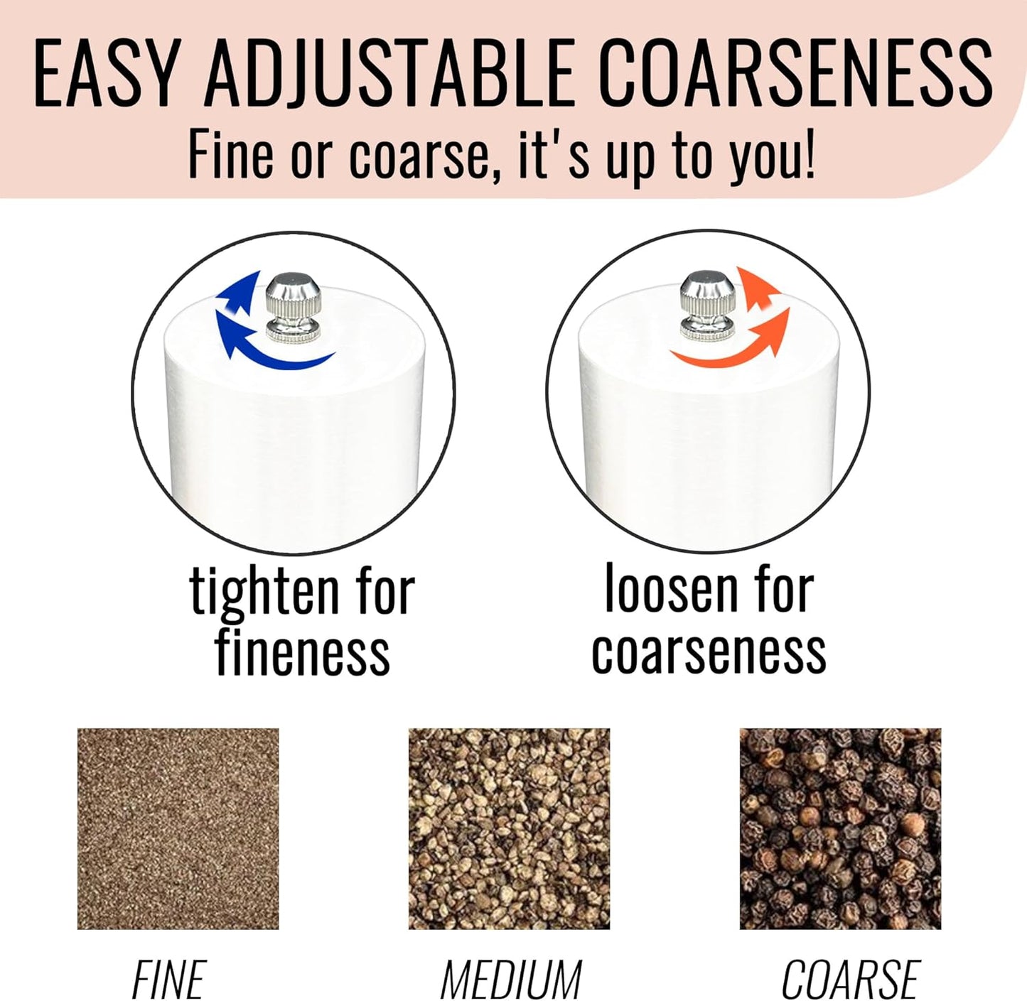 Manual Salt and Pepper Grinder Set of 2 | Large Round Shakers | 7.5 Inch Stainless Steel Refillable Grinders (White)