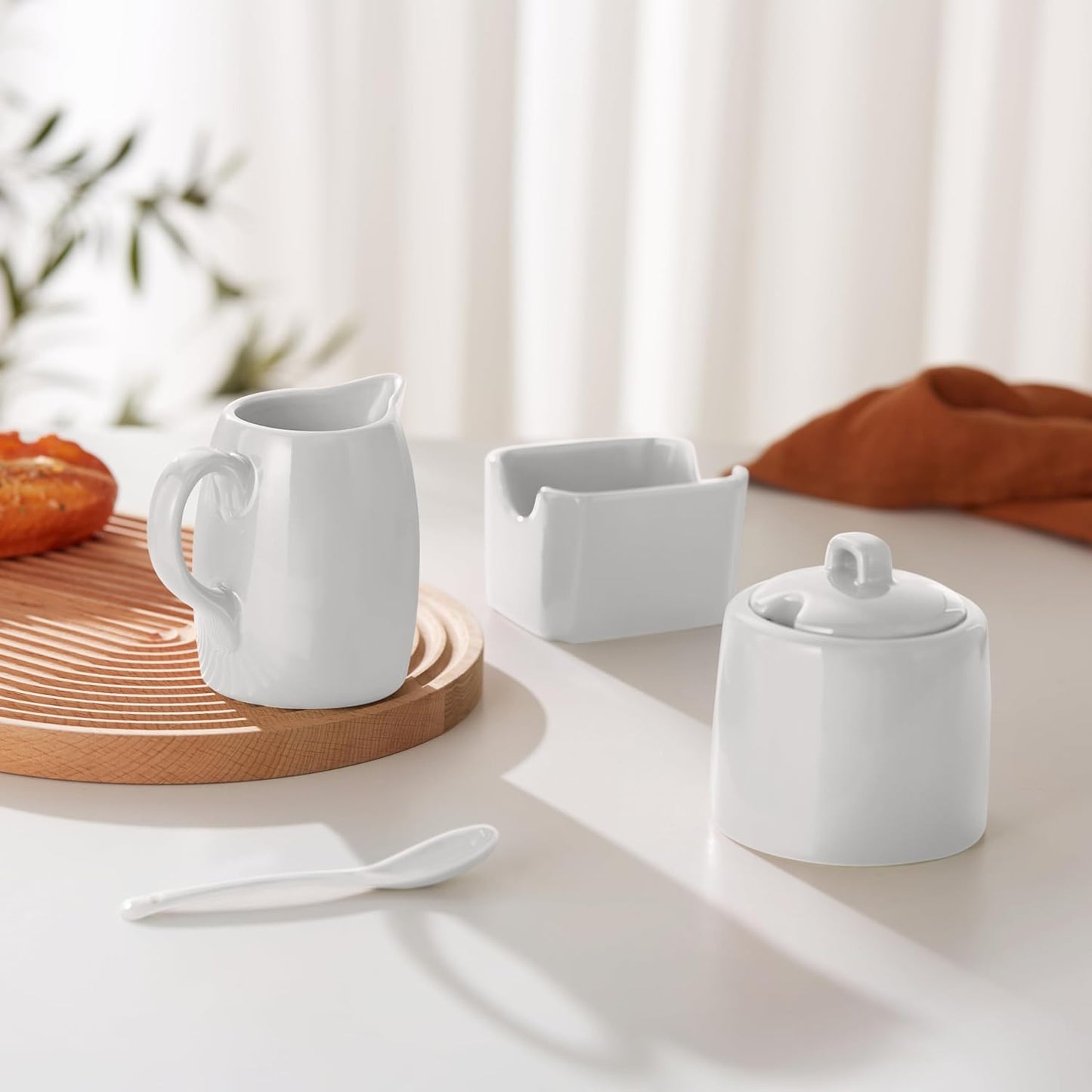 KooK Sugar and Creamer Set, 3 Piece, Pitcher, Sugar Bowl with Lid and Spoon, Sweetener Holder (White)