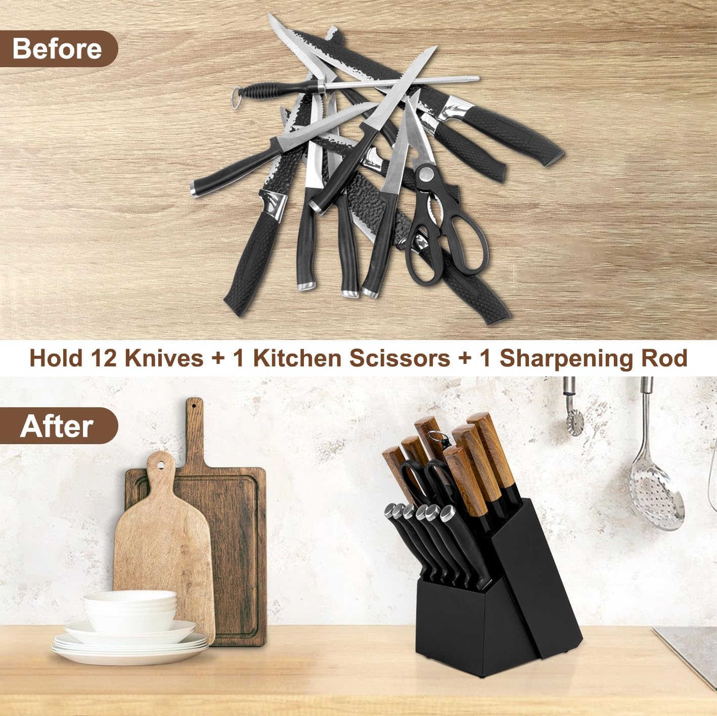 RedCall Universal Knife Block Holder,Large Wood Bamboo Knife Block without Knives,14 Slot Universal Knife Holder Countertop,Butcher Block Knife Storage Organizer for Kitchen (Black)