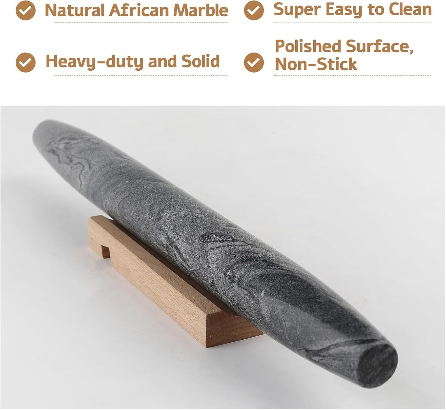 Koville African Natural Marble French Rolling Pin, 16inch Non-Stick Rolling Pin for Baking, Dough Roller for Pasta, Dumpling, Fondant, Pie, Bread, Pizza, Kitchen Baking Tools(Monte Grigio)