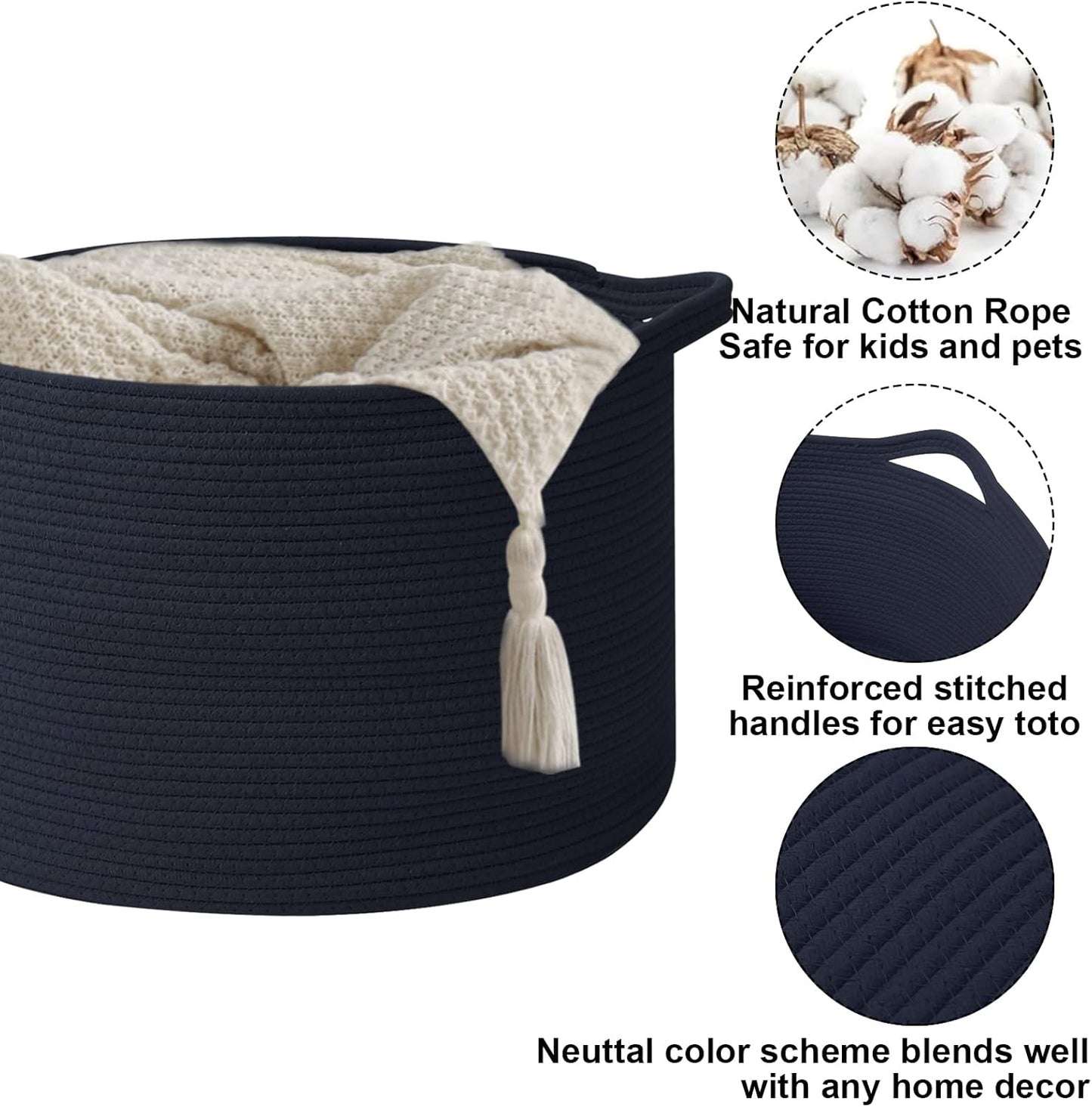 Large Blanket Basket for Organizing,115L Closet Organizers and Storage Bins Box for Shelves Woven Rope Storage Baskets,Living Room,Bedroom,Dorm,Laundry room (Navy)