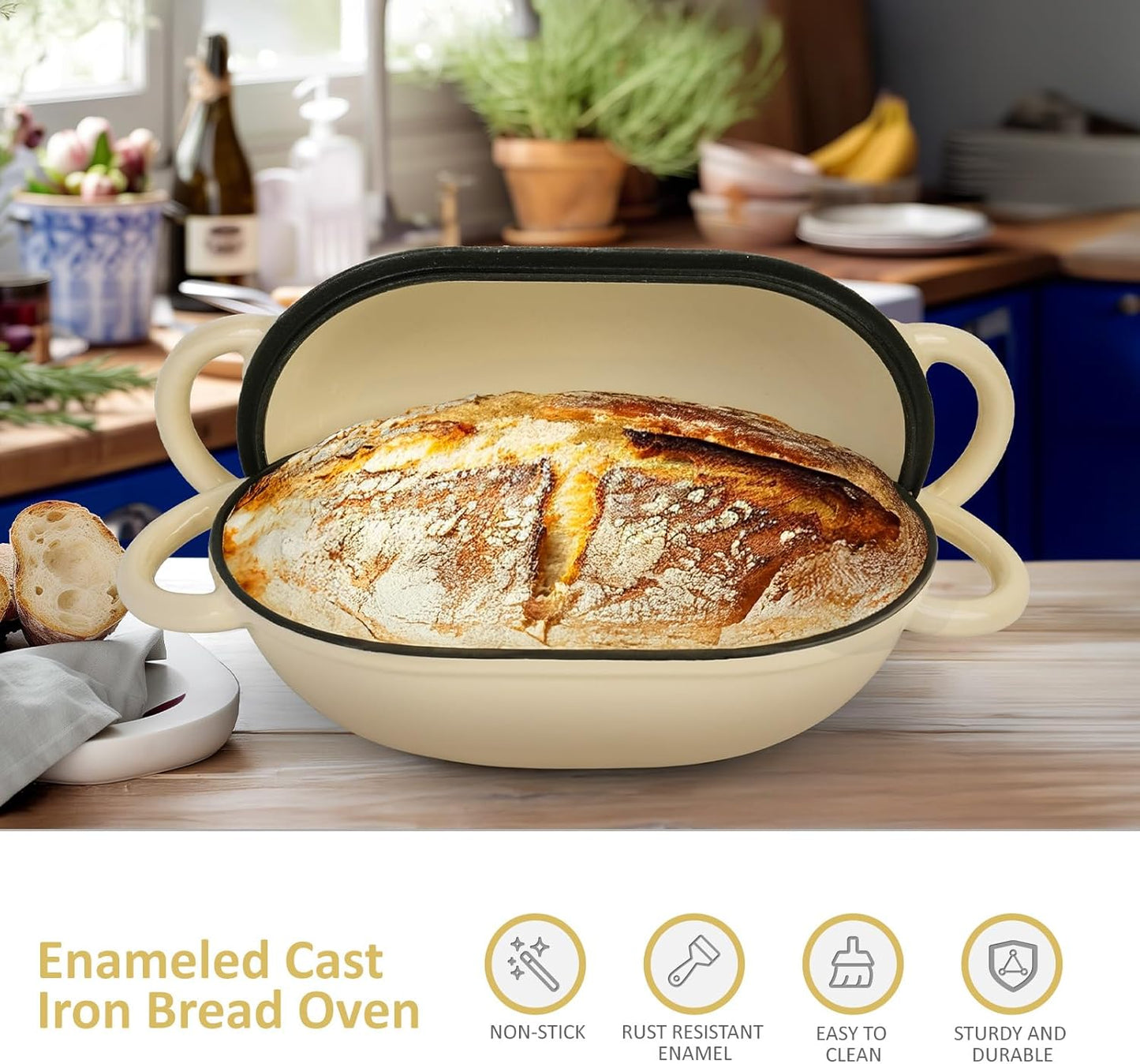 Dutch Oven for Bread Baking – Premium Cast Iron Pot with Lid – Perfect for Sourdough, Artisan Loaves & No-Knead Bread – 2 QT / 1.9L (Enameled, Round, Oven & Stovetop Safe), White