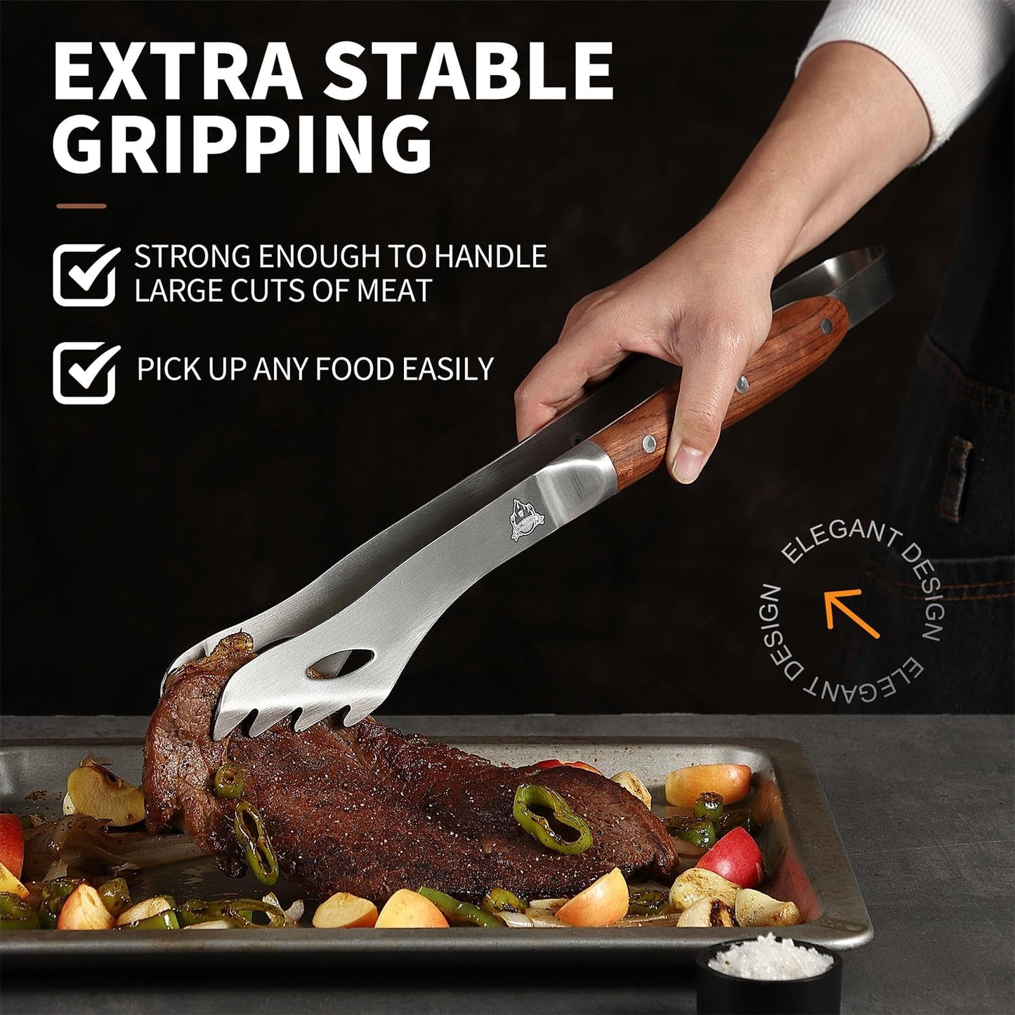 GRILLGEN Heavy Duty Rosewood Handle BBQ Grill Tongs, 16.73" Long Premium BBQ Grill Tongs for Outdoor Grilling, Essential Accessory for Barbecue & Grill, Best Grilling Gift