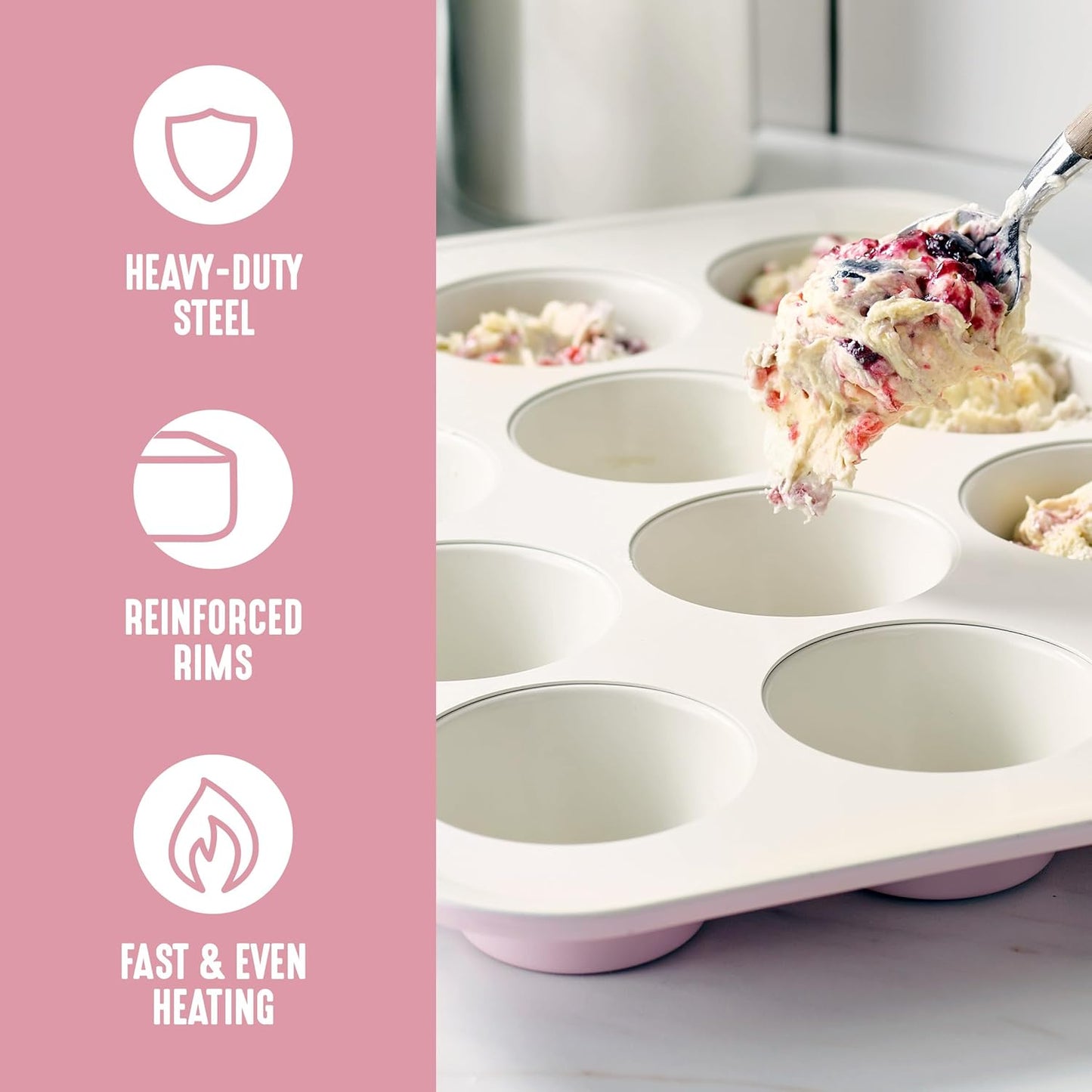 GreenLife 12-Cup Muffin Pan, Healthy Ceramic Nonstick Bakeware, PFOA & PFAS-Free Cupcake Sheet, Durable, Versatile Kitchen Essentials, Easy Clean Muffin Mold, Pink