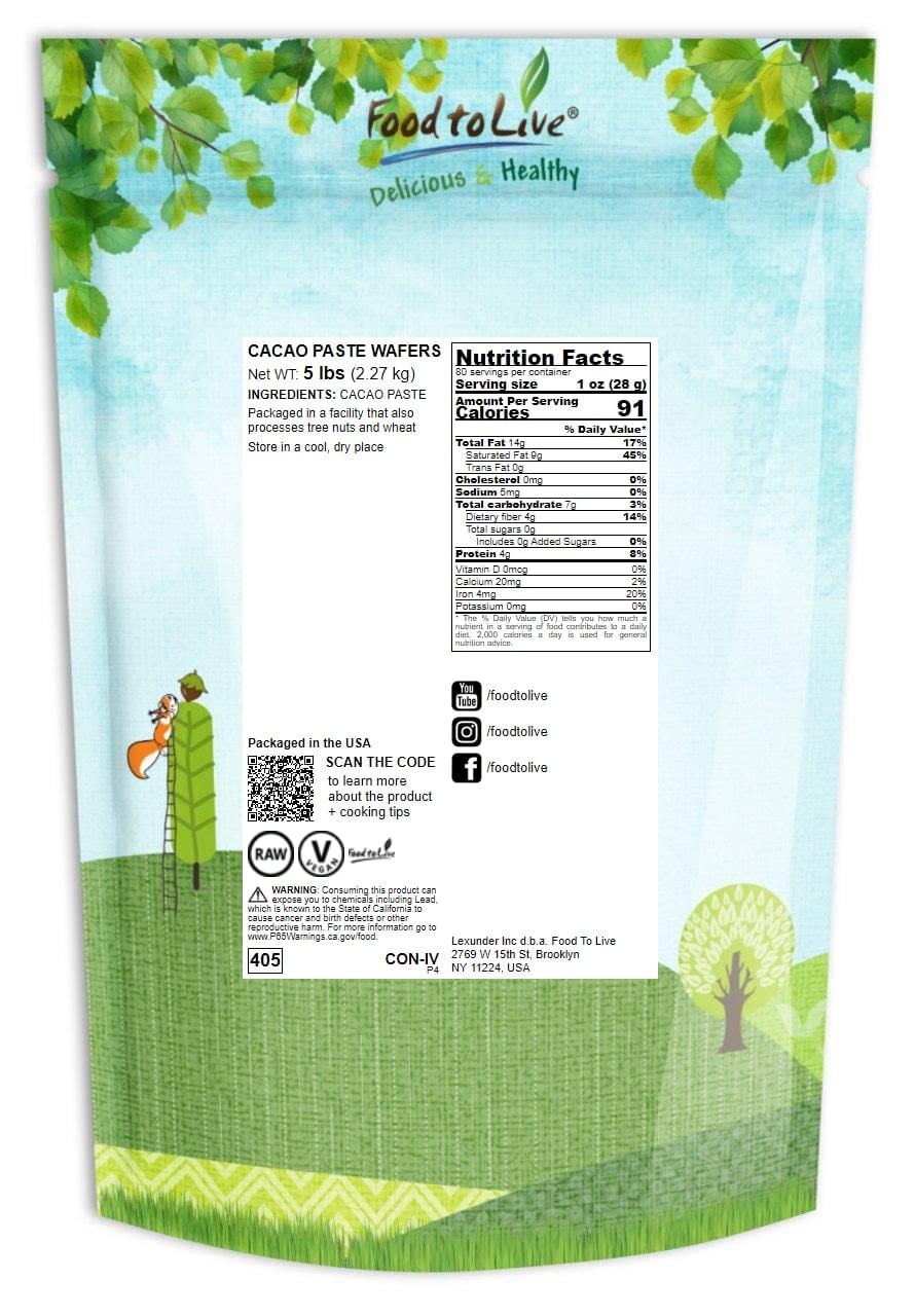 Food to Live Cacao Paste Wafers, 5 Pounds - Premium Raw Cacao Liquor, Pure, Unsweetened, Vegan, Bulk. Rich in Antioxidants, Essential Minerals. Perfect for Homemade Desserts, Chocolate Bars