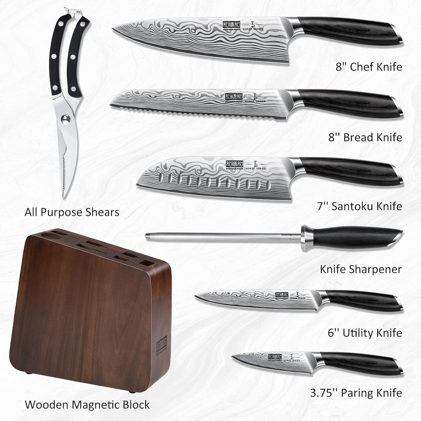 HOSHANHO 8 Pieces Knife Set with Magnetic Block, Ultra Sharp Powder Steel Knife Block Set, Professional Chef Knife Sets with Ergonomic Handle & Knife Sharpener
