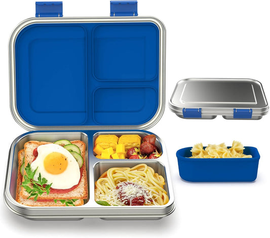 Stainless Steel Bento Box Kids, 3 Compartments Leak Proof Metal Bento Lunch Box, 304 Stainless Steel Bento Lunch Containers for School and Office,Dishwasher Safe, BPA-Free-Blue