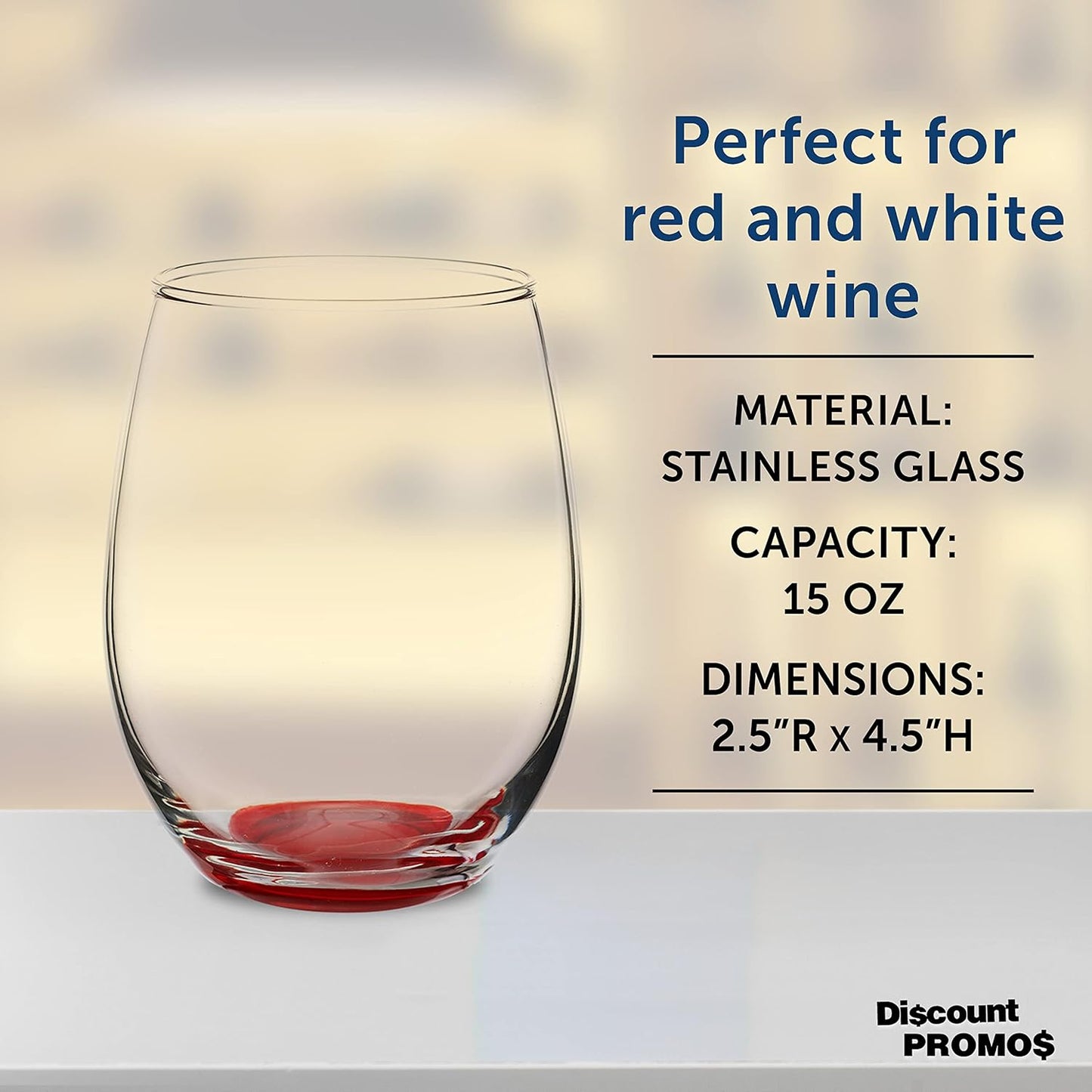DISCOUNT PROMOS Stemless Wine Glasses in Bulk by ARC Perfection, 15 oz, 10 Pack, Red or White Wine Glass Set, Red
