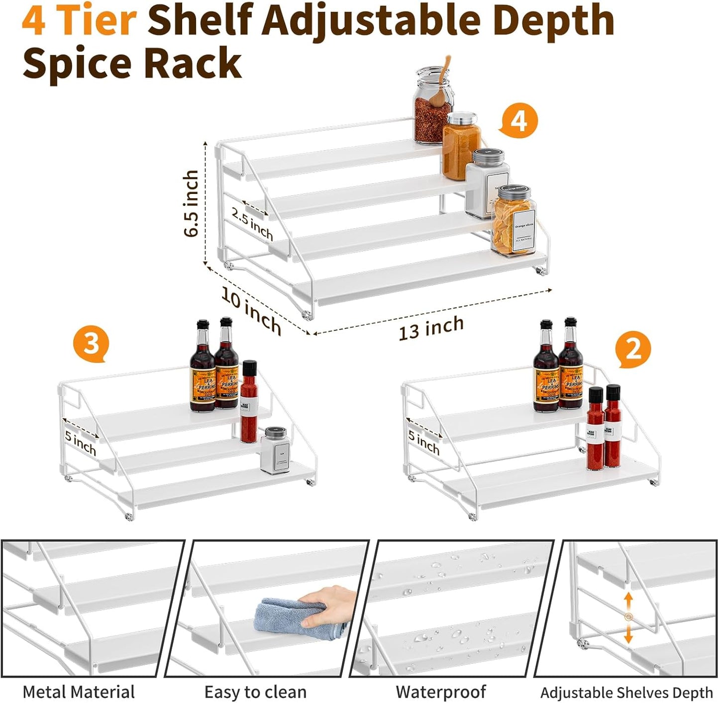 Tiered Spice Rack, 4 Tier Spice Shelf Organizer for Cabinet, Spice Rack Organizer, Depth Adjustable Seasoning Rack Organizer for Cabinet, Countertop, Pantry, Metal, White (1 Pack)