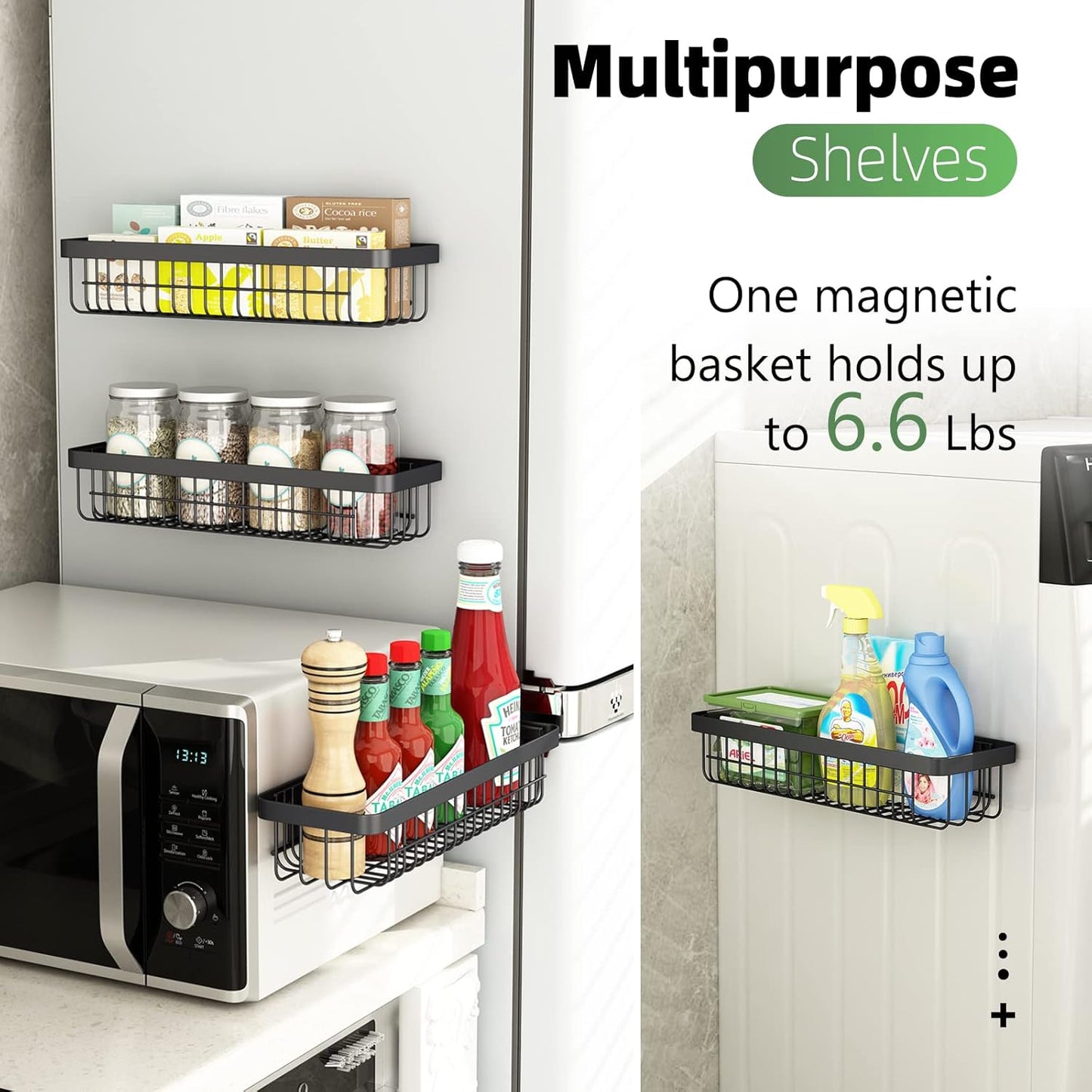 Warome Magnetic Spice Rack for Refrigerator, 4 Pack Shelves with 6 Utility Hooks, Kitchen Organization and Storage Gadgets