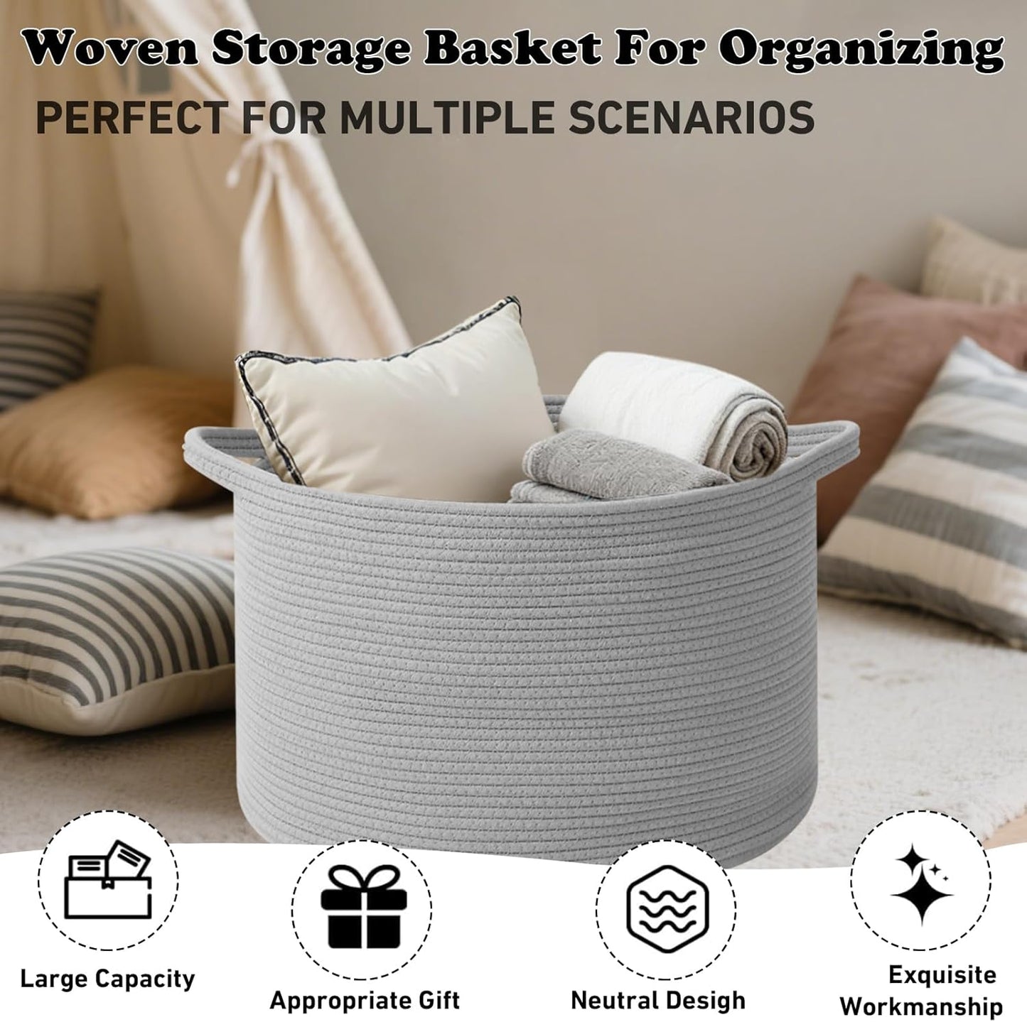 Large Blanket Basket for Organizing,115L Closet Organizers and Storage Bins Box for Shelves Woven Rope Storage Baskets,Living Room,Bedroom,Dorm,Laundry room (Light Grey)