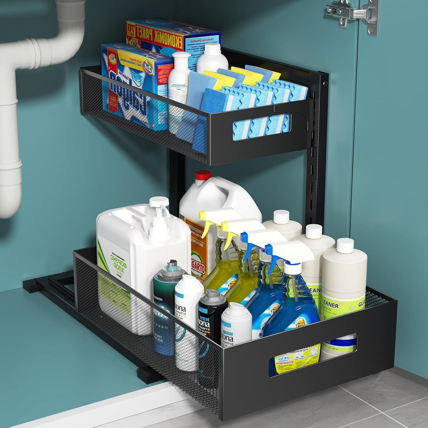 Under Sink Organizer, 2-Tier Metal Under Sink Organizers and Storage, Slide Out Pull Out Cabinet Organizer for Kitchen, Bathroom, Pantry, Laundry, Study, Black