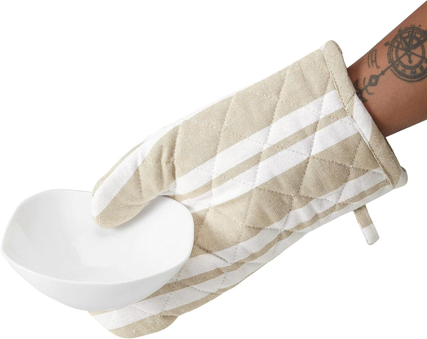 Encasa XO Long 12"x7" Oven Microwave Hand Gloves Mitts (2 pc Set) for Kitchen Cooking & Baking - Heat Resistant, Thick & Safe, Protection of Hands from Hot Utensils - Franca Beige Stripes