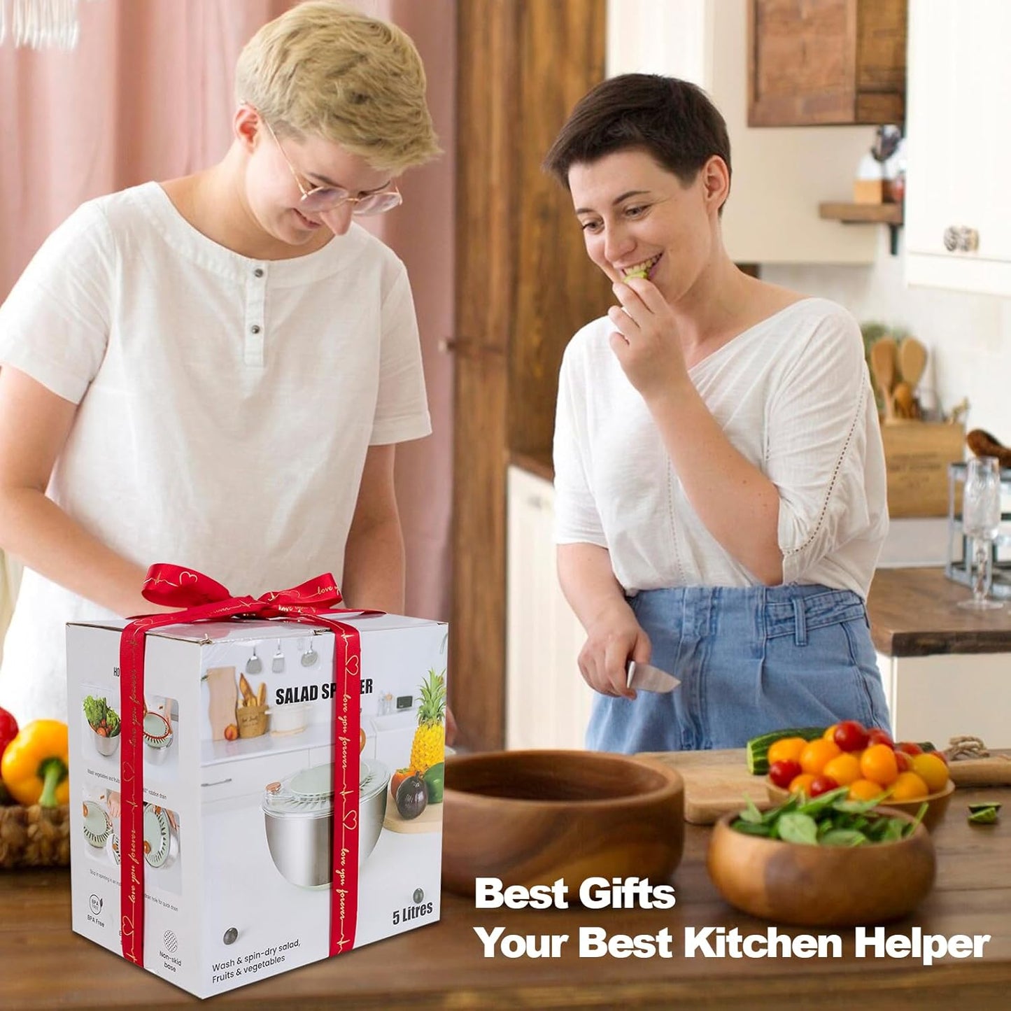 supernal 5.3Qt Stainless Steel Salad Spinner Large with Stop Button Vegetable Dryer Salad Chopper Bowl Non-Slip Base Dishwasher Safe Fruit Washer Transparent Lid & Drainage Hole Vibrant Green