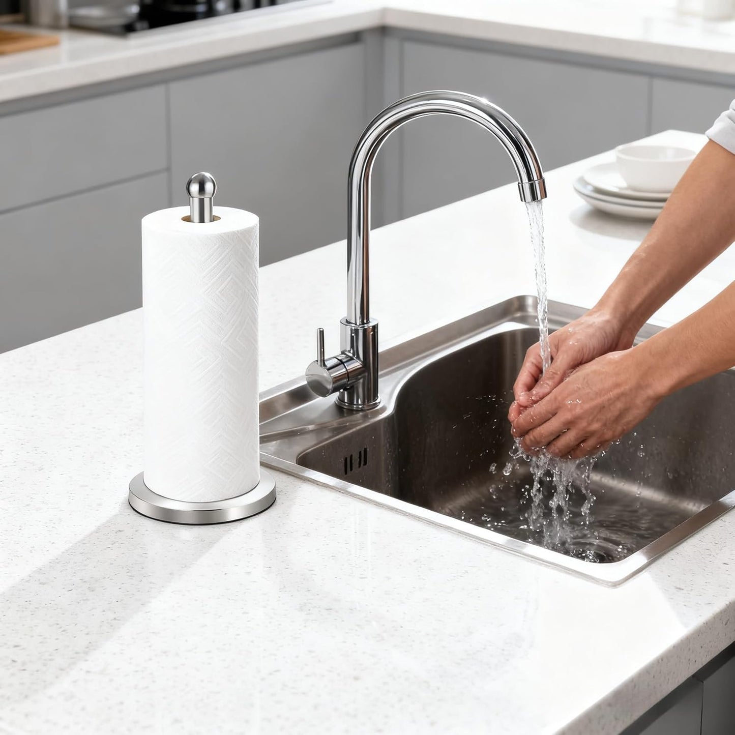 DAWNER Paper Towel Holder Countertop, Freestanding Kitchen Paper Holder Stand, One-Handed Tear, Stainless Steel, Paper Towel Dispenser with Weighted Base for Standard Towel Rolls, Brushed Nickel