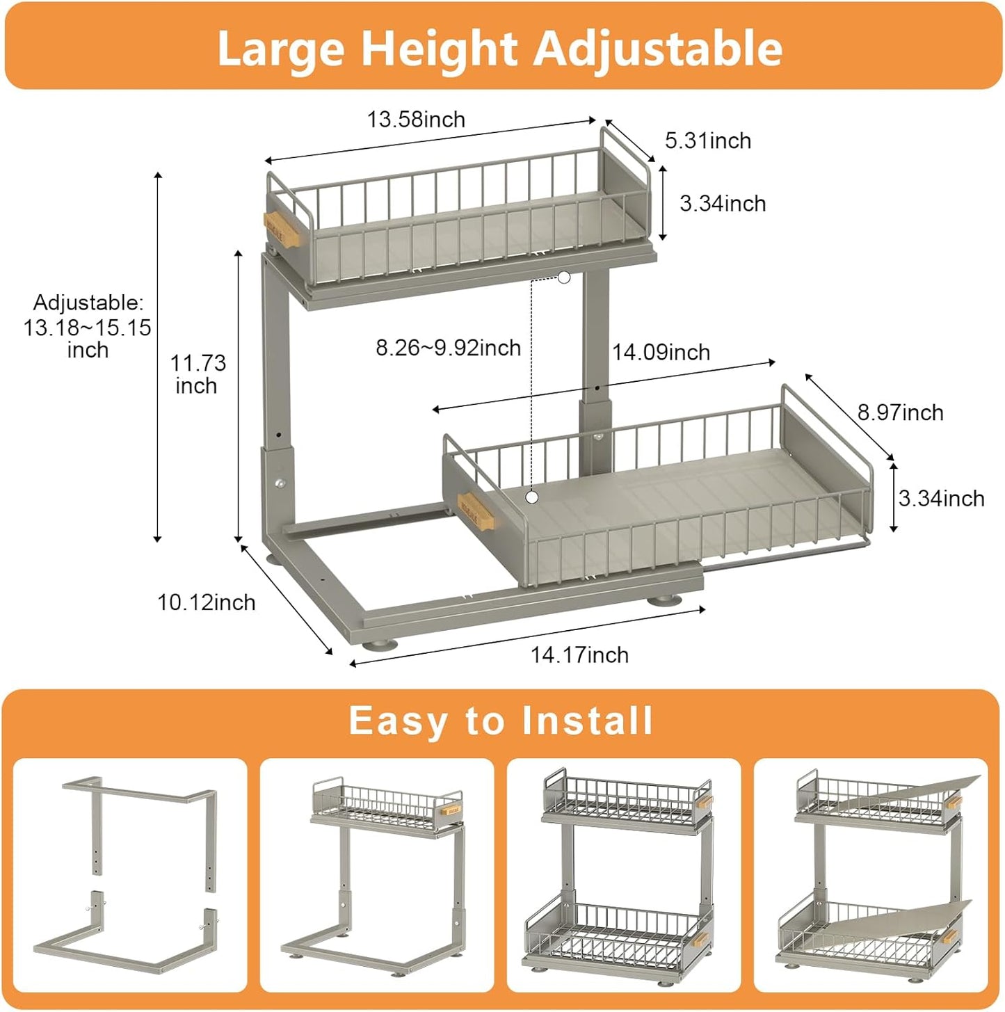Under Sink Organizer, High Adjustable 2 Tier Under Kitchen Sink Organizer, Multi-Purpose Storage Shelf for Kitchen Bathroom Cabinet, Gray