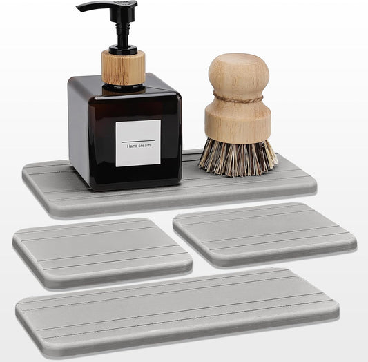 Evory Set of 4 Diatomite Soap Dishes, Kitchen & Bathroom Sponge Holders, Water Absorbing Stone Tray for Sink, Bathtub, Vanity (Light Grey)