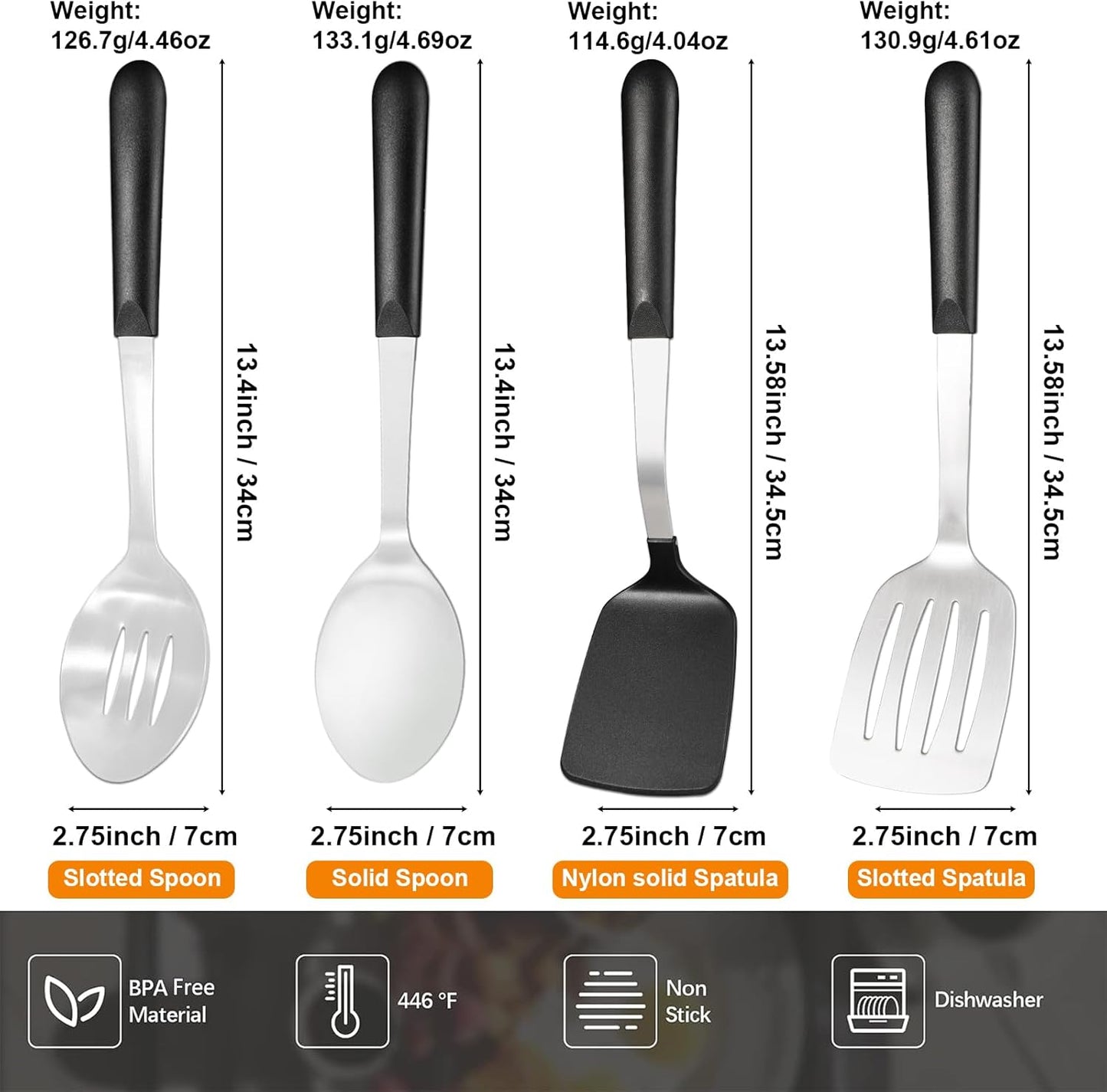 Stainless Steel Cooking Utensils Set, 4-piece Kitchen Utensil Set with PP Handles, Dishwasher Safe, Non-Stick and Heat Resistant, Spoons, Spatula for Cooking