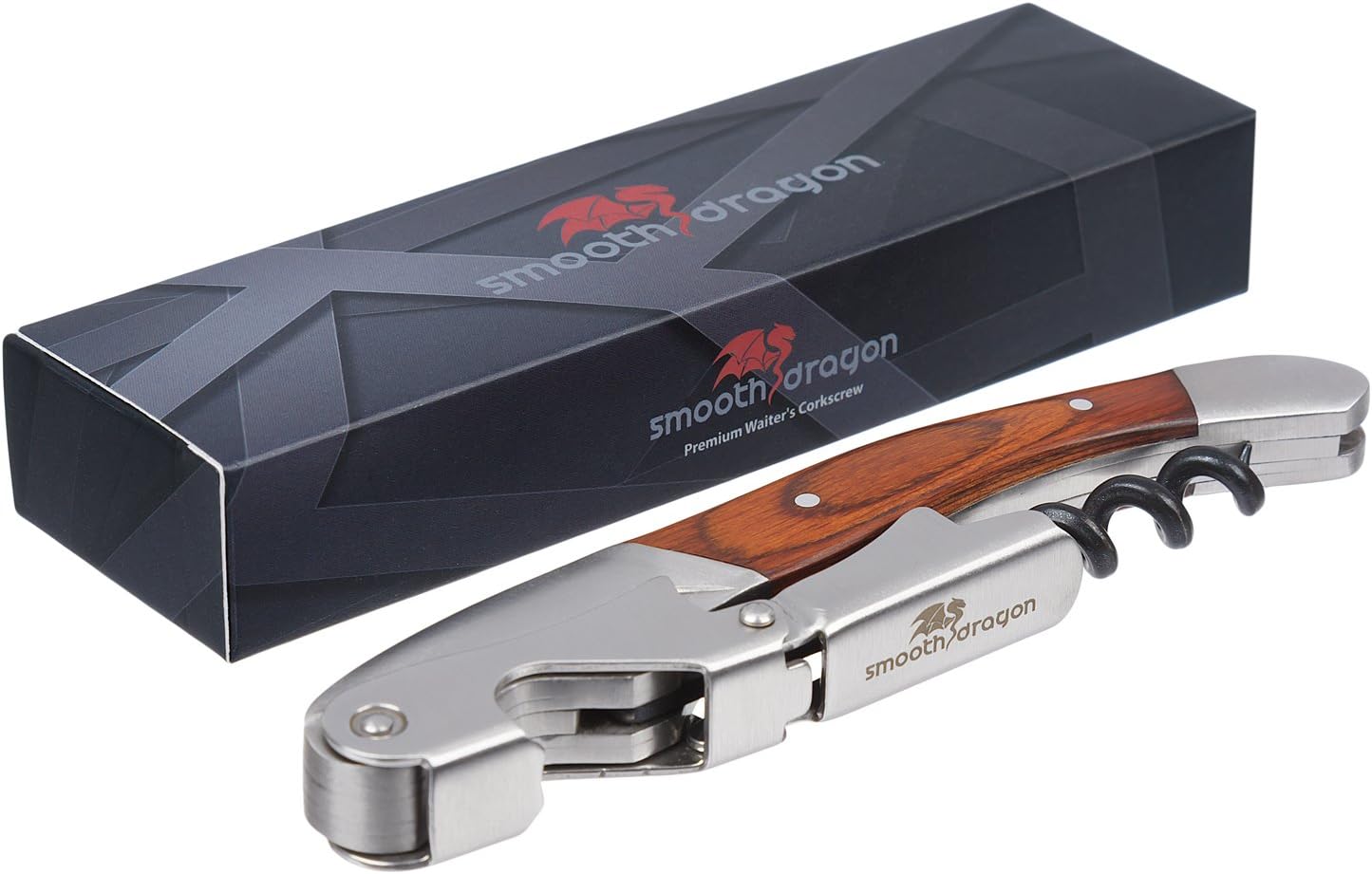 Premium Waiters Corkscrew - 3 in 1 Stainless Steel Wine Opener with Rosewood Pull Tap Handle Bottle Opener and Serrated Foil Cutter