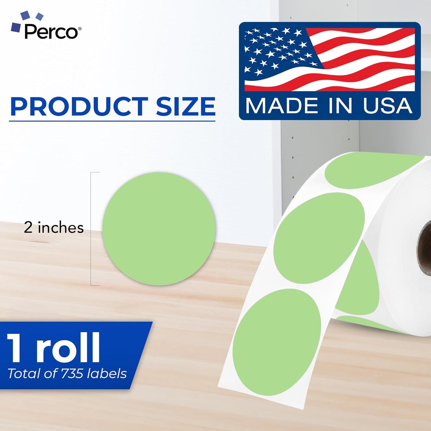 Perco Green 2-Inch Perforated Circle Dot Thermal Sticker Labels — 735 Stickers/Roll, Direct Thermal Printer Compatible—with Permanent Adhesive for Organizing, Color Coding, Bin Labeling—Made in USA