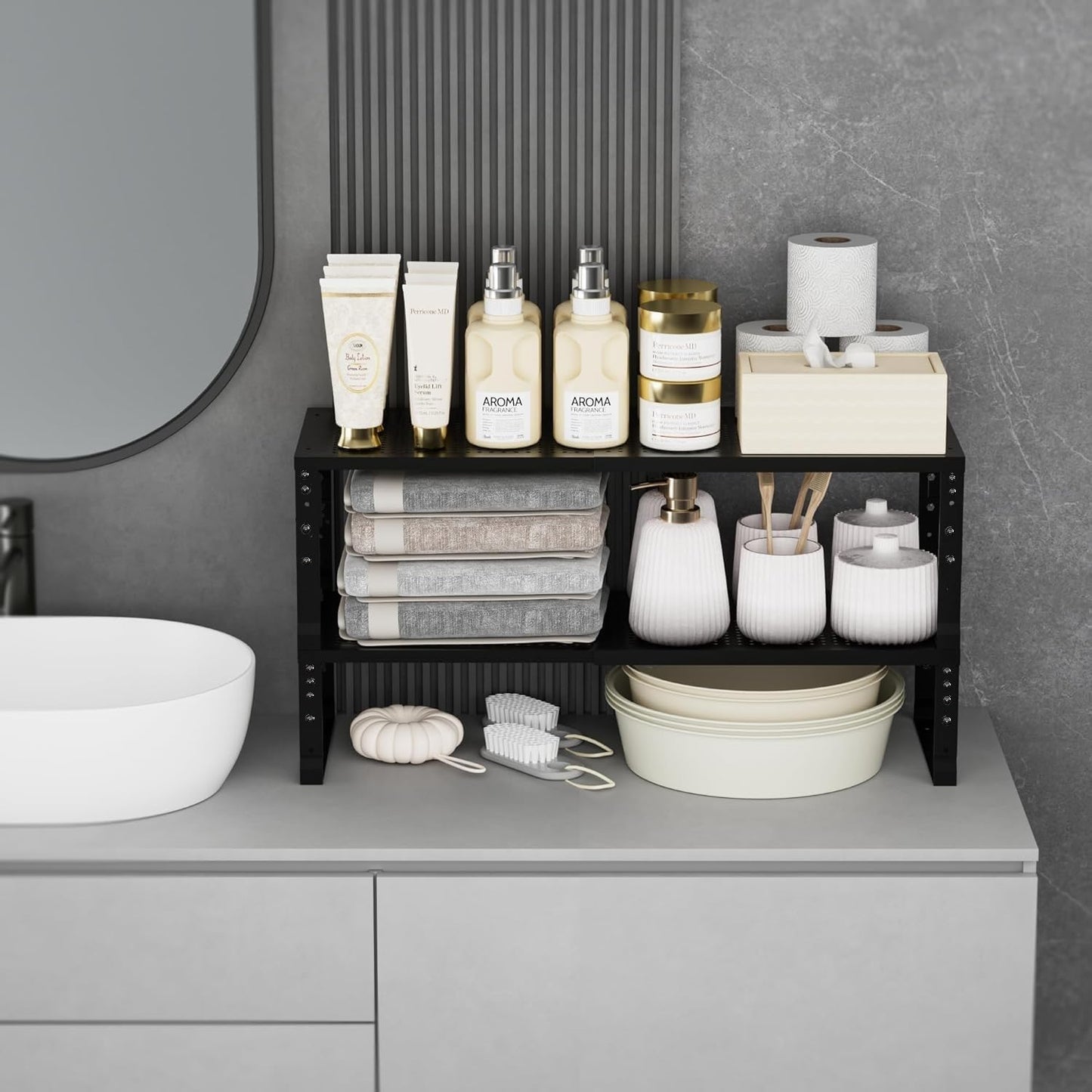 Expandable Spice Rack Kitchen Cabinet Shelf Organizer, Stackable Storage Shelves Racks, Adjustable Counter Shelving for Cabinets, Countertop, Cupboard,Pantry and More(3Packs/Black/Medium)