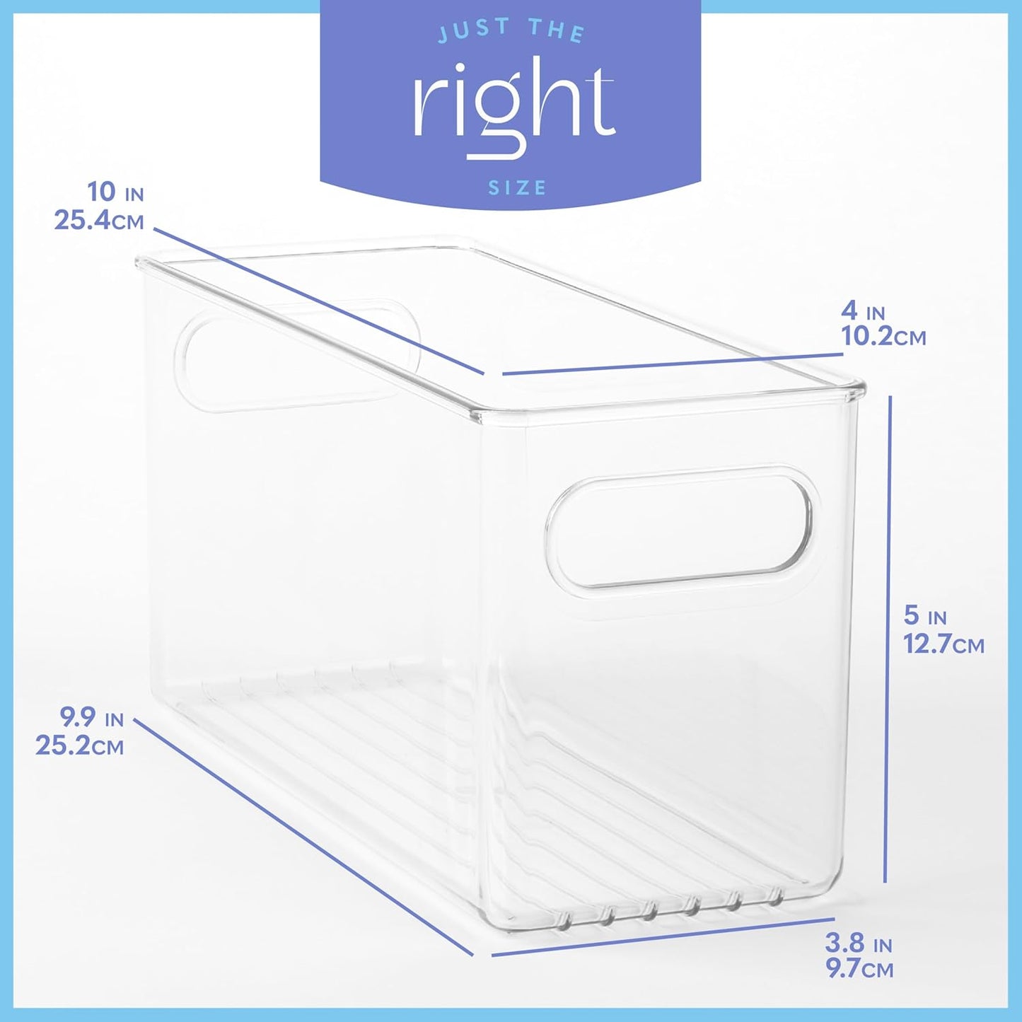 6 pack Clear Plastic Storage Container Bin with Integrated Easy Grip Handles. For Kitchen, Fridge, Freezer, Cabinet, Pantry, Bathroom Organization. 10"x4"x5"